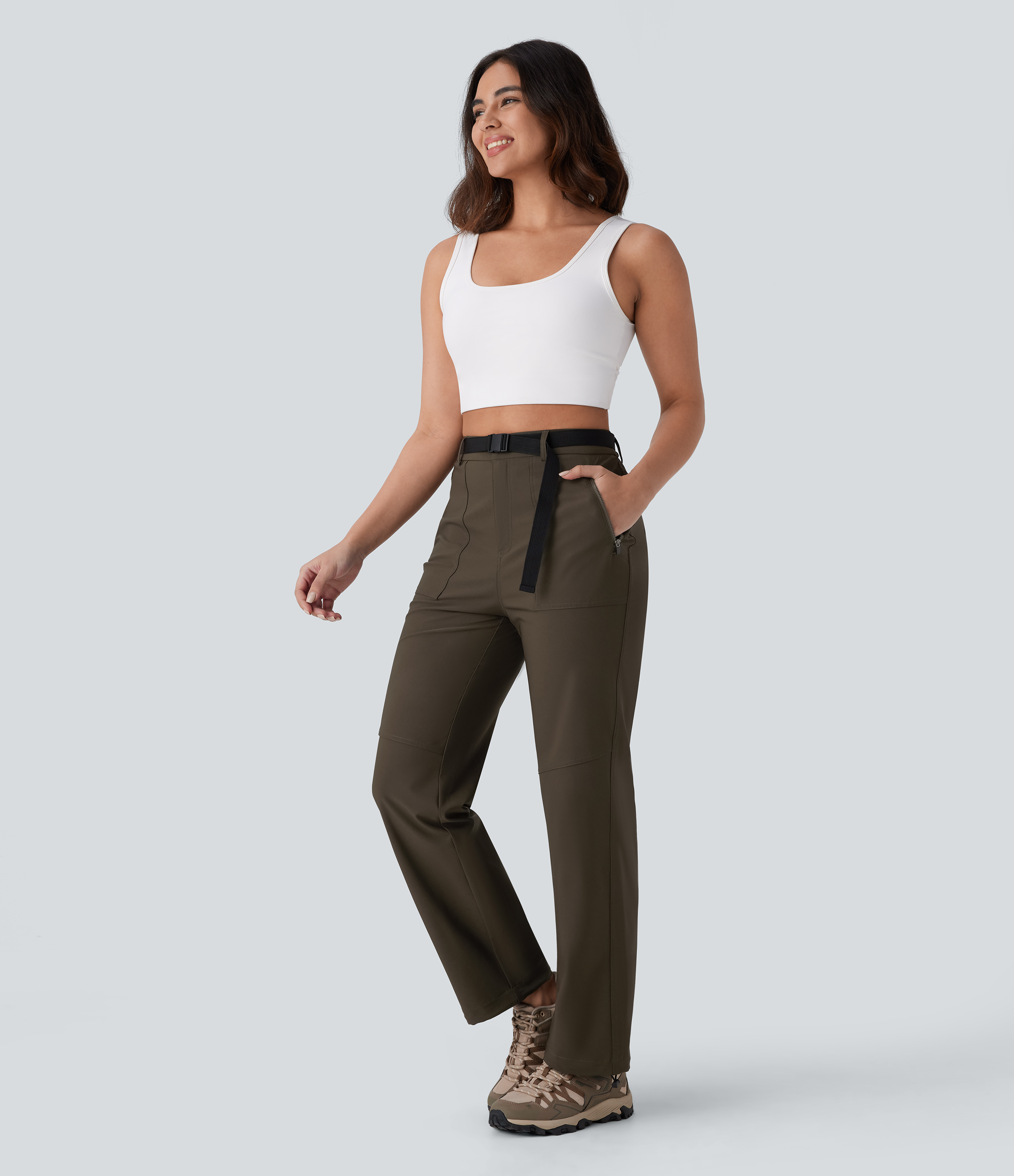 Halara Water Repellent High Waisted Belted Side Zip Pocket Straight Leg Adjustable Drawcord Hiking Pants  - Deep Sage - XL(regular) 