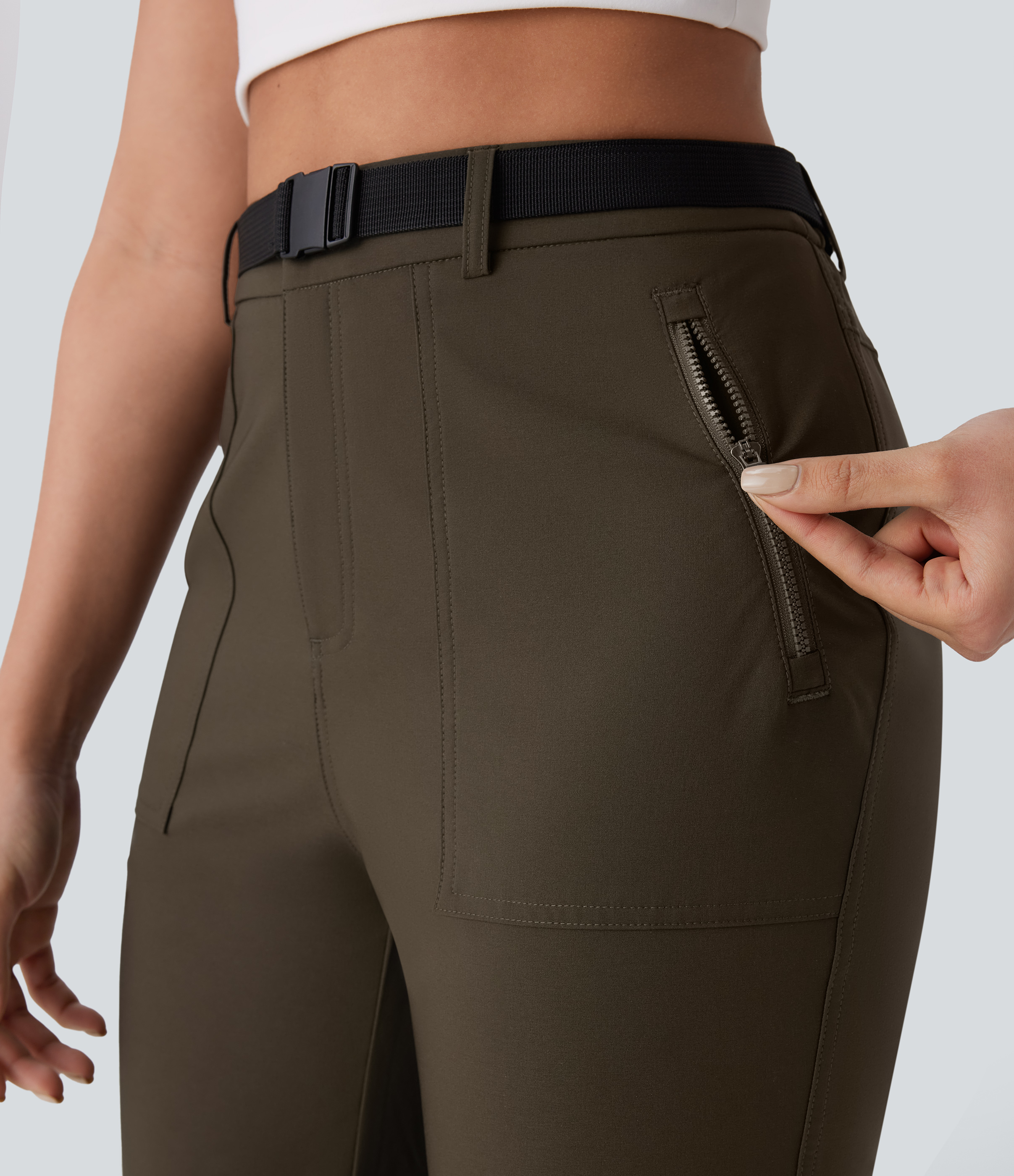 Halara Water Repellent High Waisted Belted Side Zip Pocket Straight Leg Adjustable Drawcord Hiking Pants  - Deep Sage - XL(regular) 
