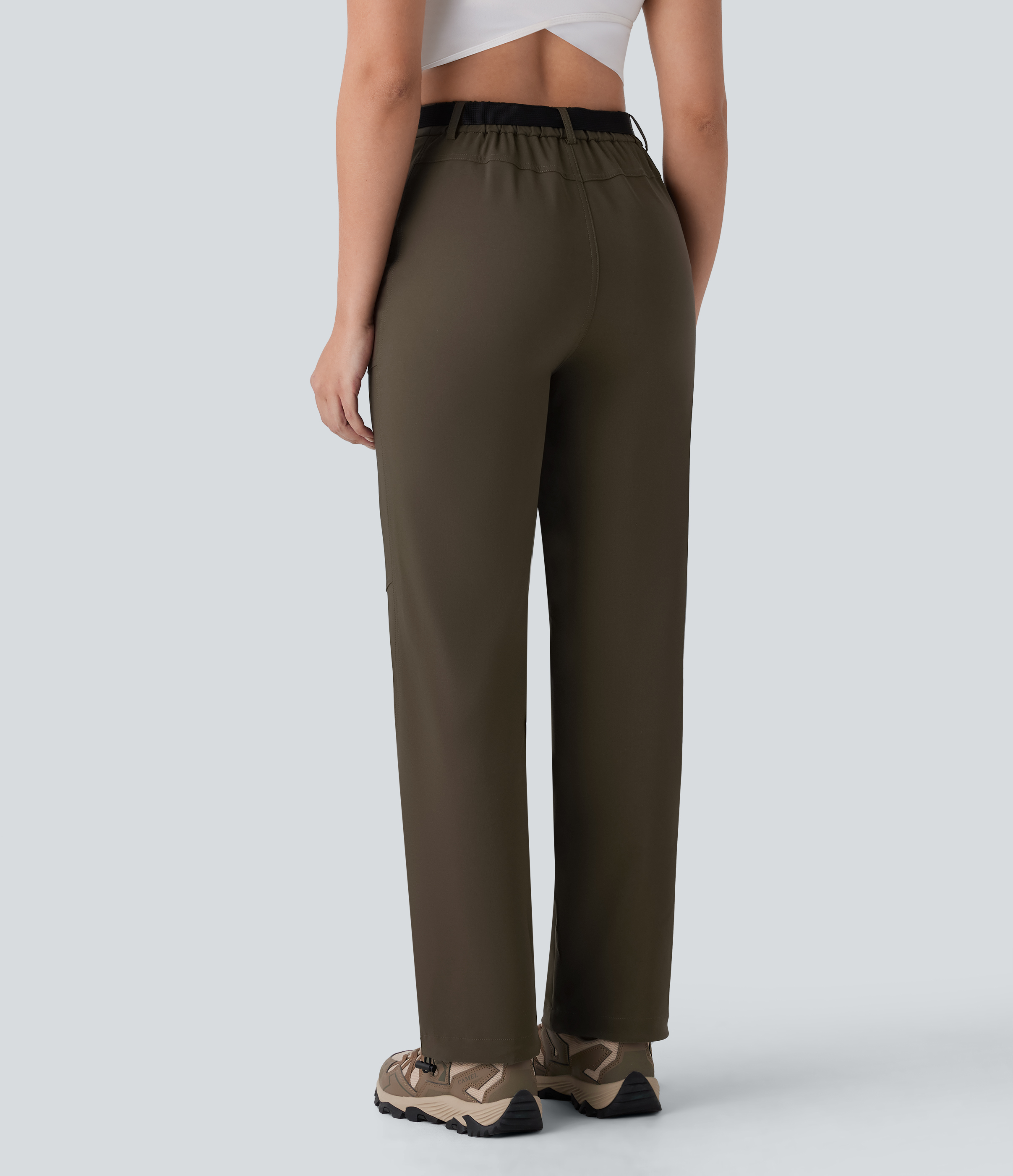 Halara Water Repellent High Waisted Belted Side Zip Pocket Straight Leg Adjustable Drawcord Hiking Pants  - Deep Sage - XL(regular) 