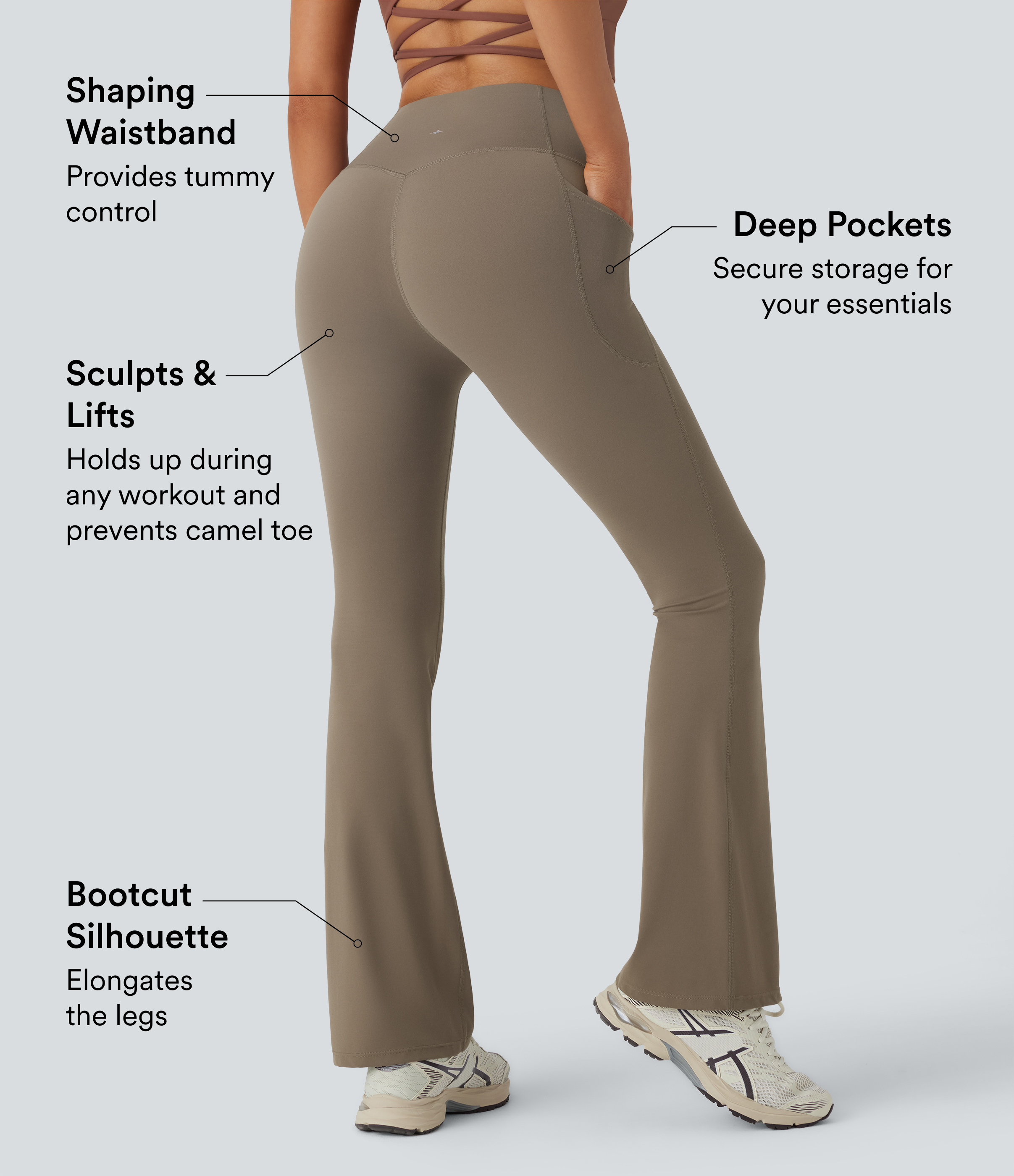 Halara SoCinched High Waisted Tummy Control Side Pocket Shaping Yoga UltraSculpt Bootcut Leggings  - Dawn Brown - XS(regular) gym leggings 