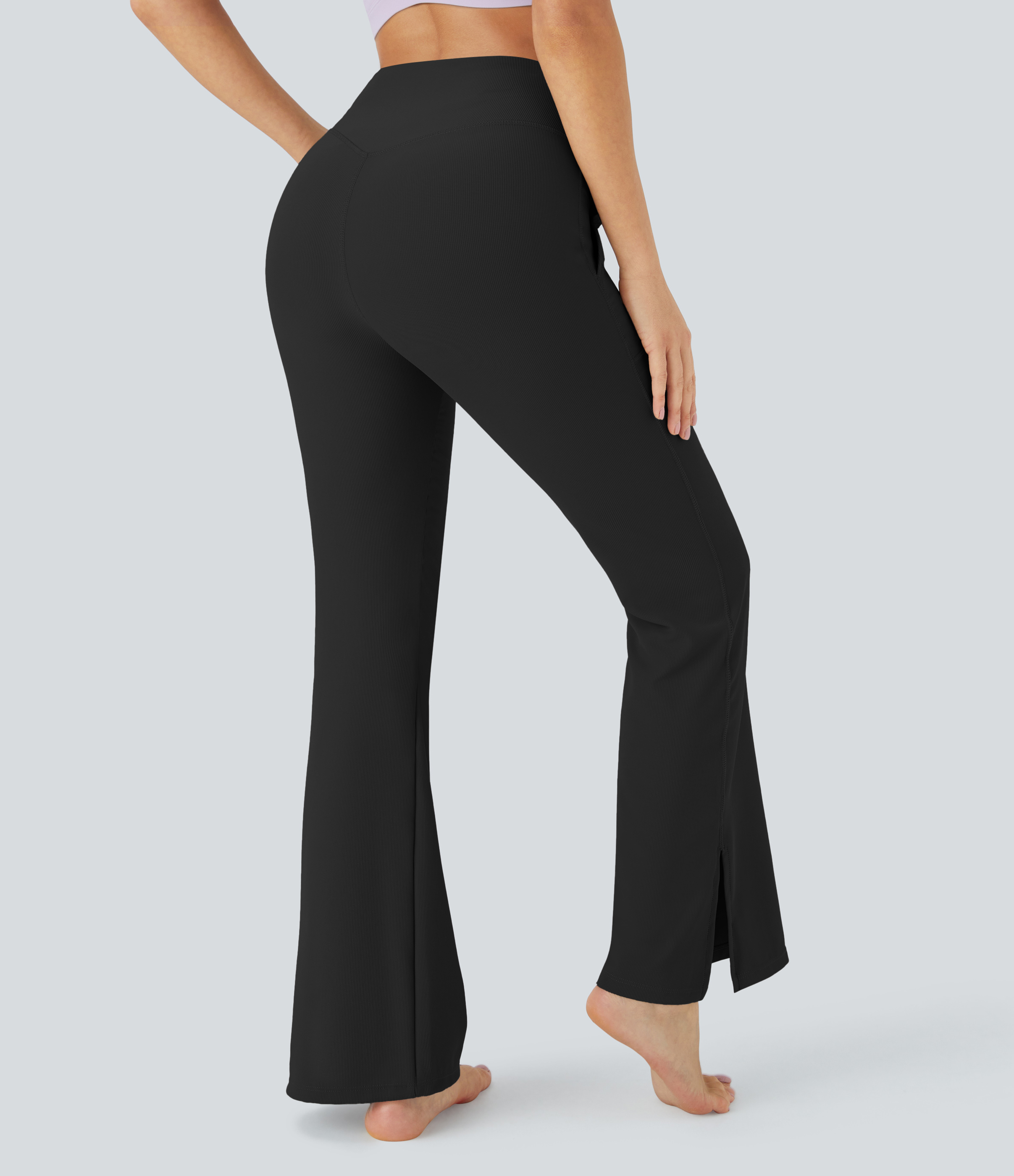 Halara PatitoffВ® Flow Pet Hair Resistant Crossover Pocket Split Hem Yoga Flare Leggings-Smile  - Black - M gym leggings leggings with pockets 