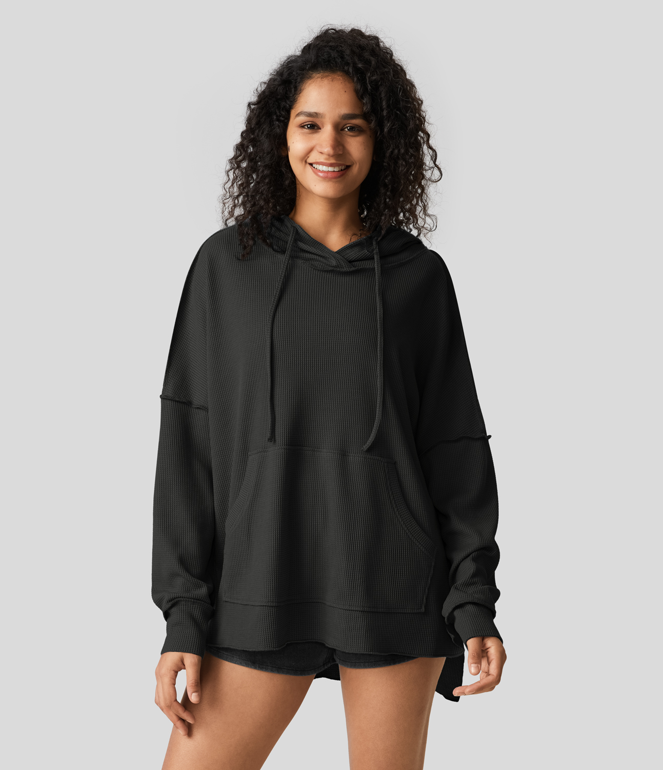 Halara Hooded Drawstring Kangaroo Pocket Split Hem High Low Oversize Casual Waffle Sweatshirt  - Black - S 