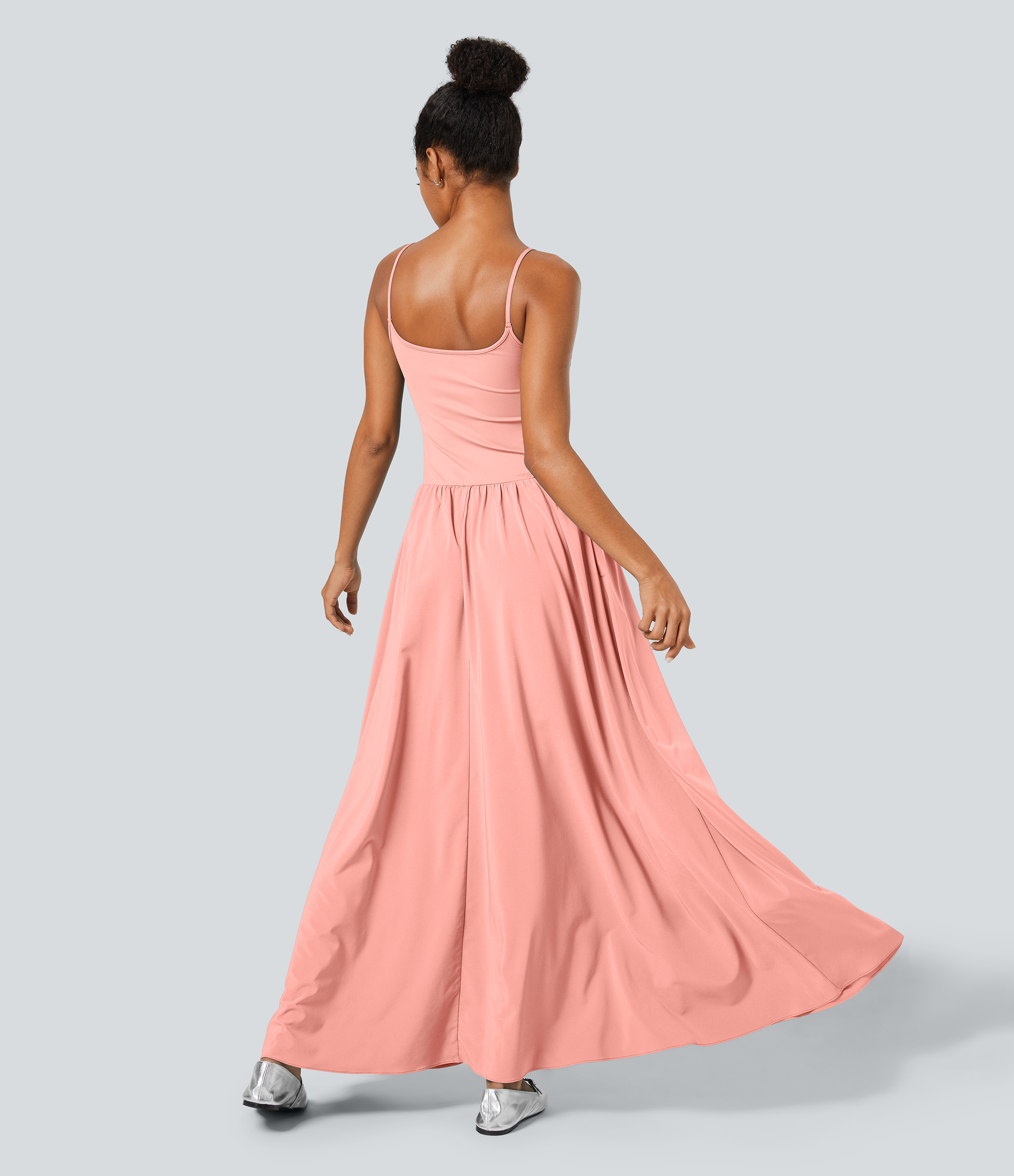 Halara Breezefulв„ў Backless Side Pocket Plicated Flowy Flare Maxi Quick Dry Casual Slip Dress Casual Dress - Blossom - XS slip dress 