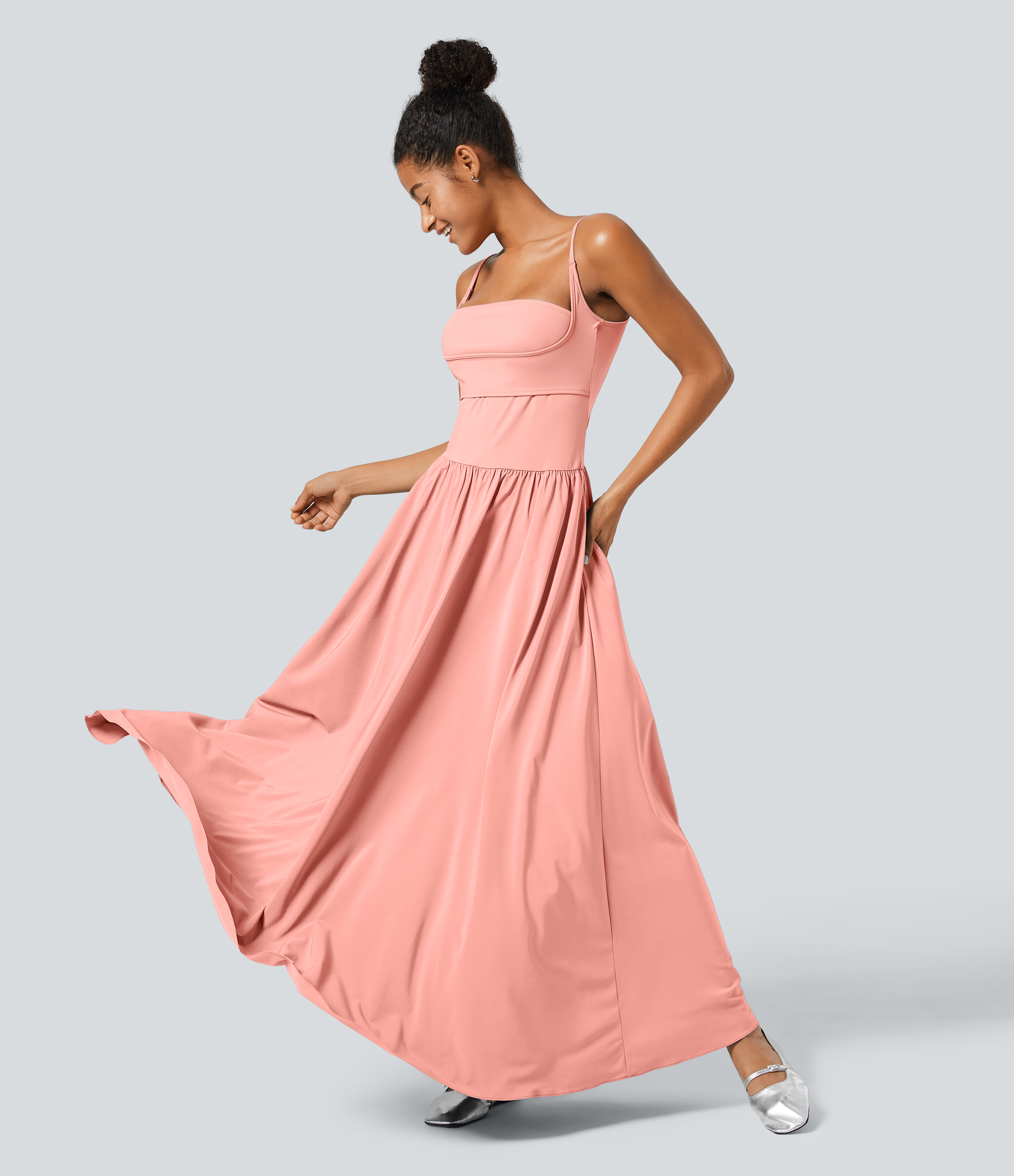 Halara Breezefulв„ў Backless Side Pocket Plicated Flowy Flare Maxi Quick Dry Casual Slip Dress Casual Dress - Blossom - XS slip dress 