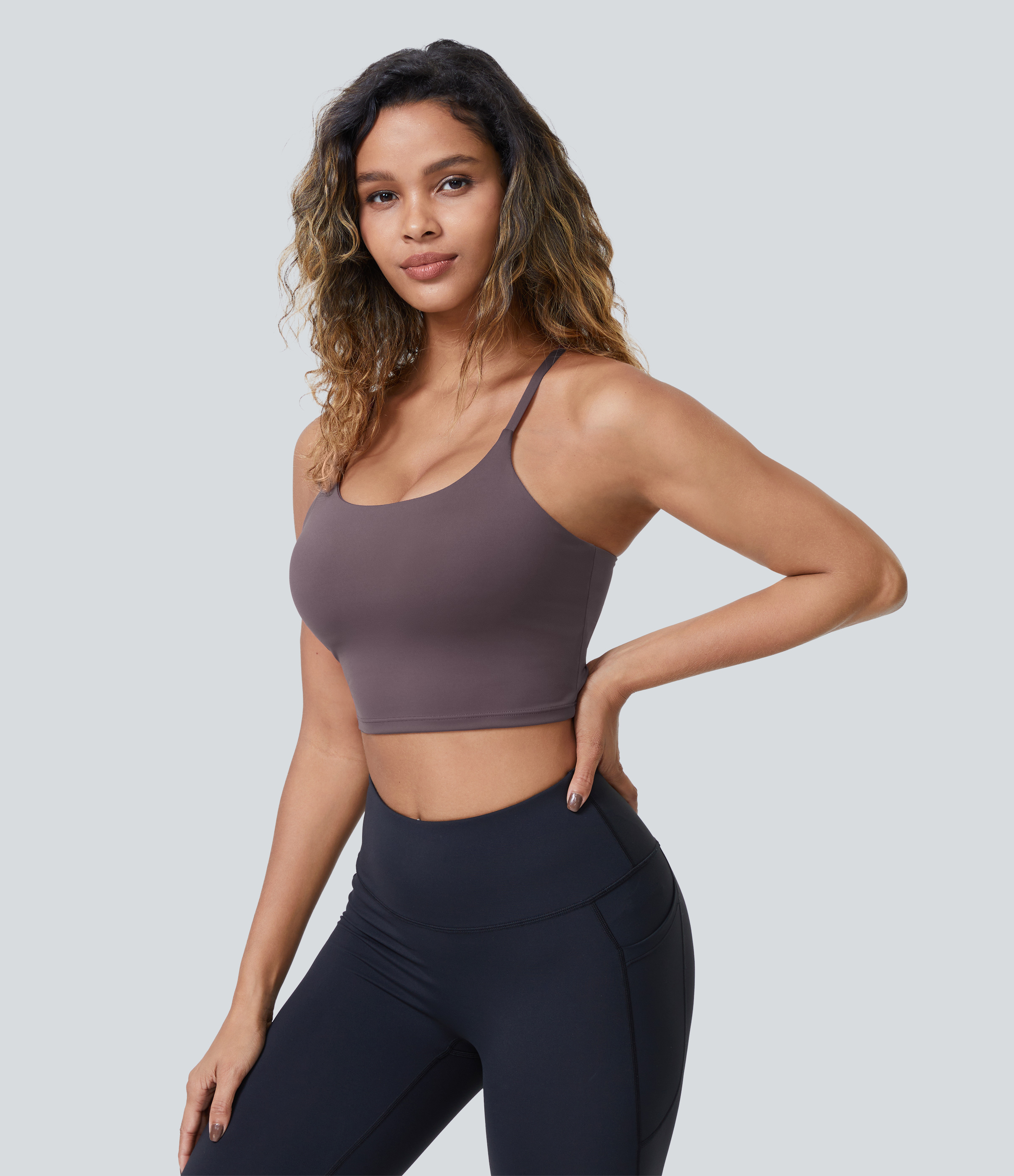 Halara PatitoffВ® 2.0 Pet Hair Resistant Padded Cropped Yoga Cami Tank Top - Light Gray Plum Purple - S golf tops halter top tunic tops 