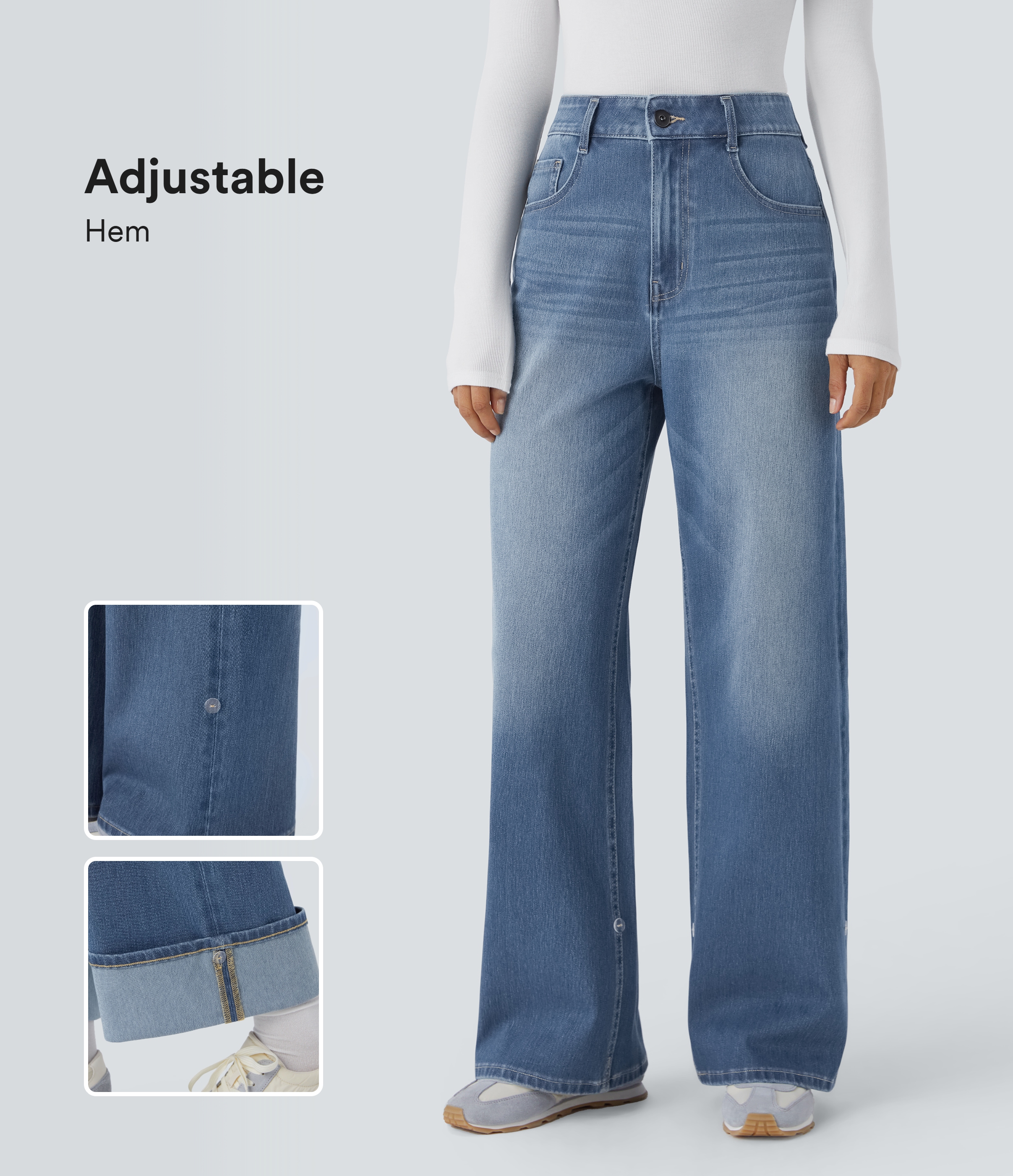 Halara Flex™ Jeans mit hohem Bund, mehreren Taschen, verstellbarem Saum, weitem Bein, gewaschener, dehnbarer Strick, lässige Jeans