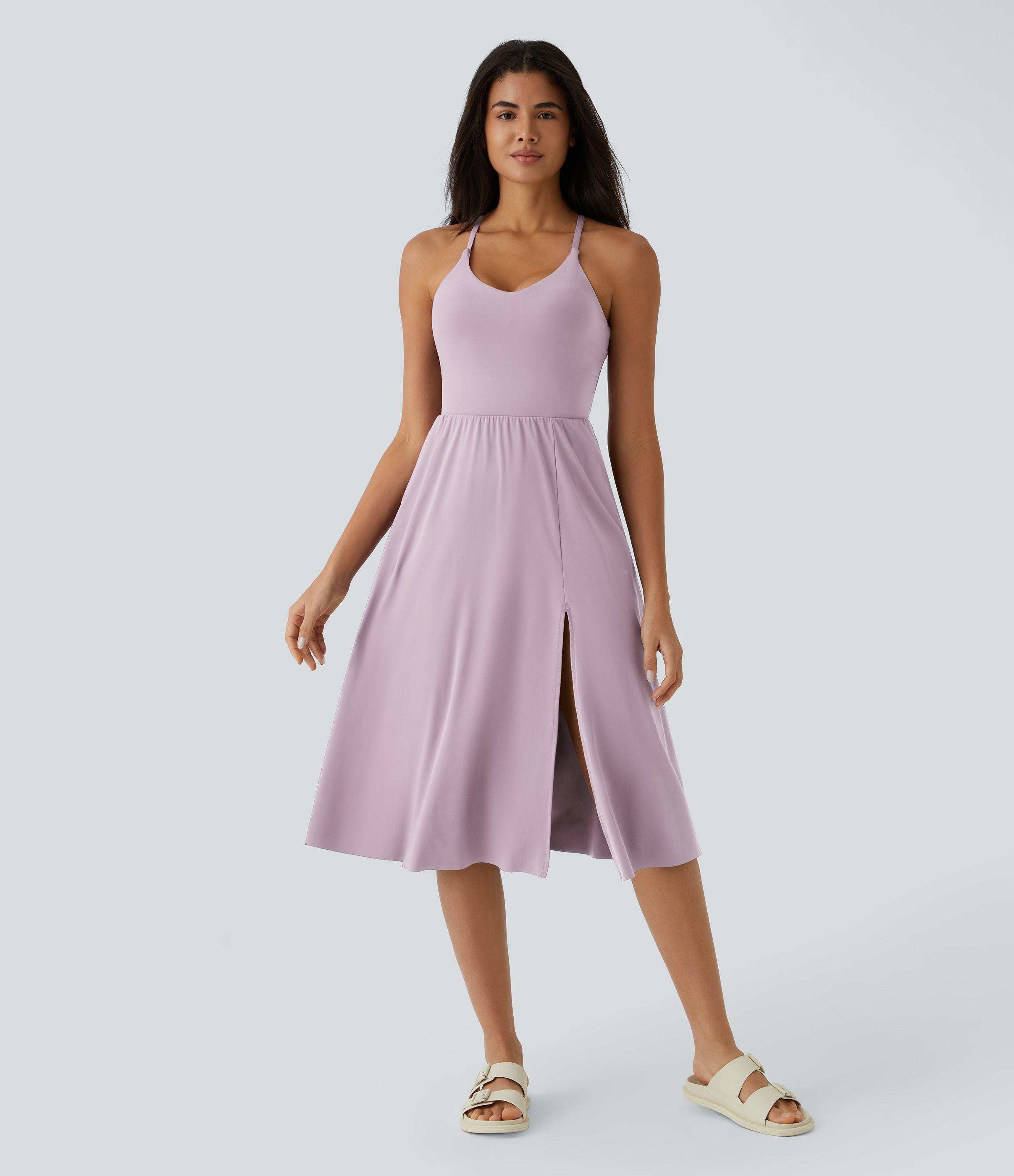 Halara Everyday Midi Chill Dress-La Land Casual Dress - Pink Purple - L slip dress beach dress ruched dress halter dress exercise dress 
