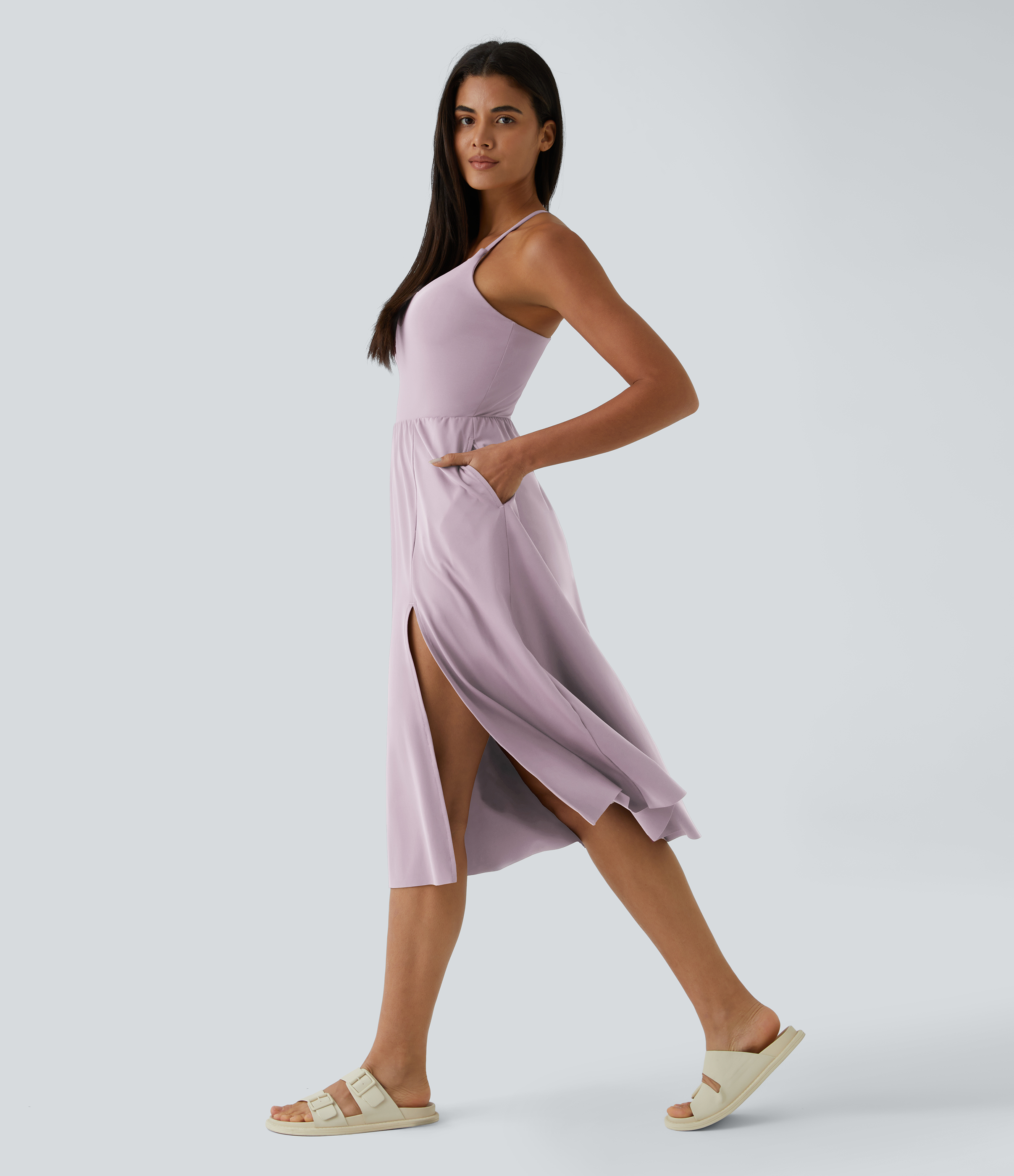Halara Everyday Midi Chill Dress-La Land Casual Dress - Pink Purple - L slip dress beach dress ruched dress halter dress exercise dress 