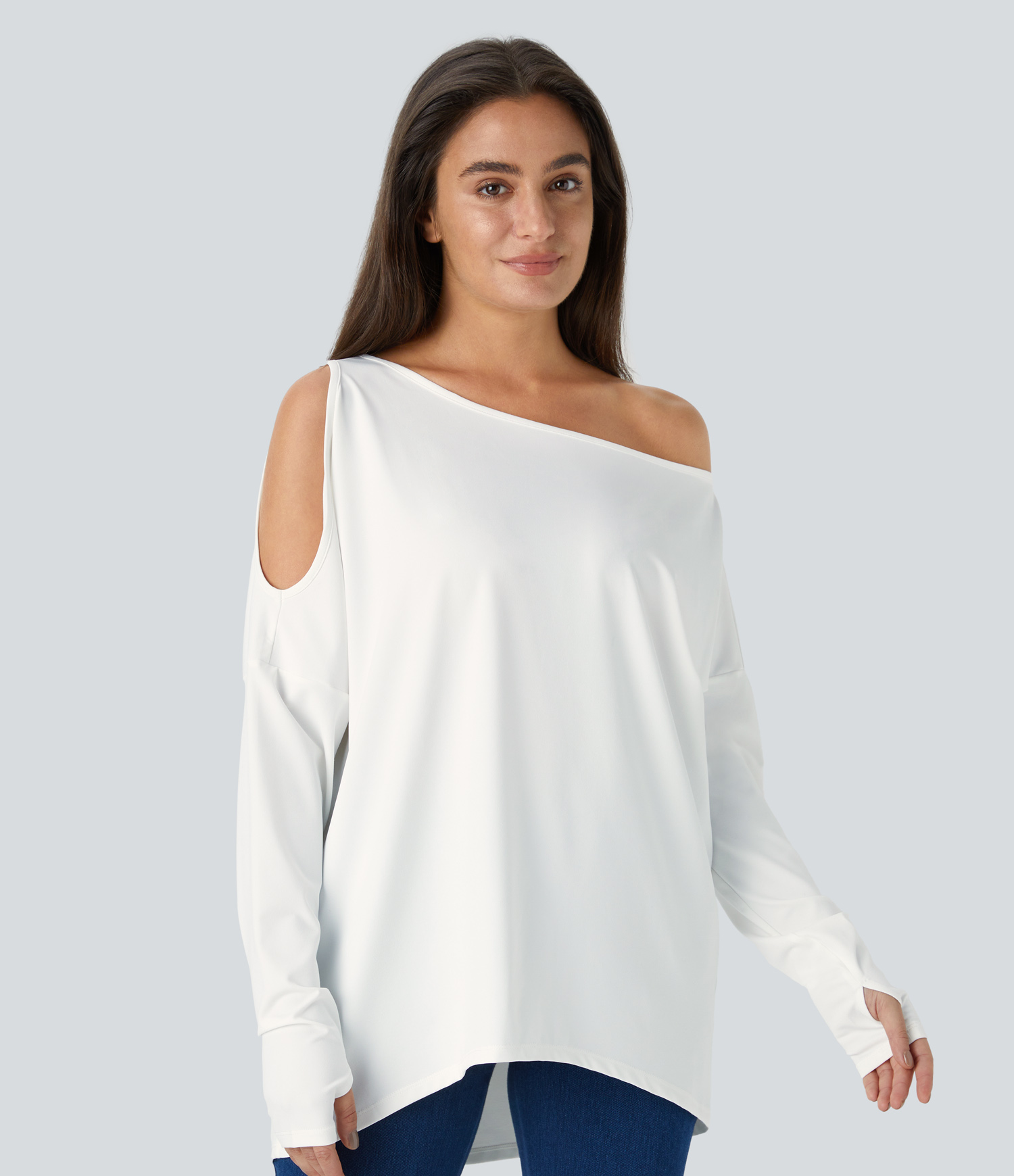 Halara Cut Out Oblique Shoulder Thumb Hole High Low Oversize Casual Top Tank Top - White - S golf tops halter top tunic tops sleeveless tops 
