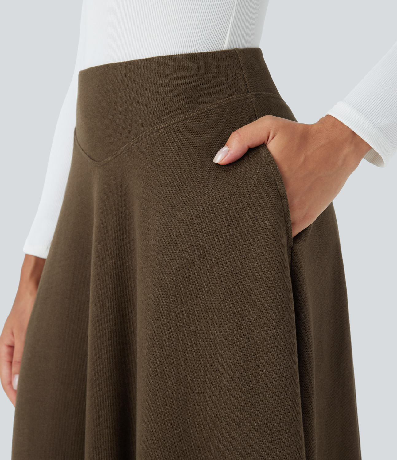 Halara High Waisted Side Pocket Curved Hem Flare Midi Work Skirt  - Camphor Wood Brown - M(regular) 