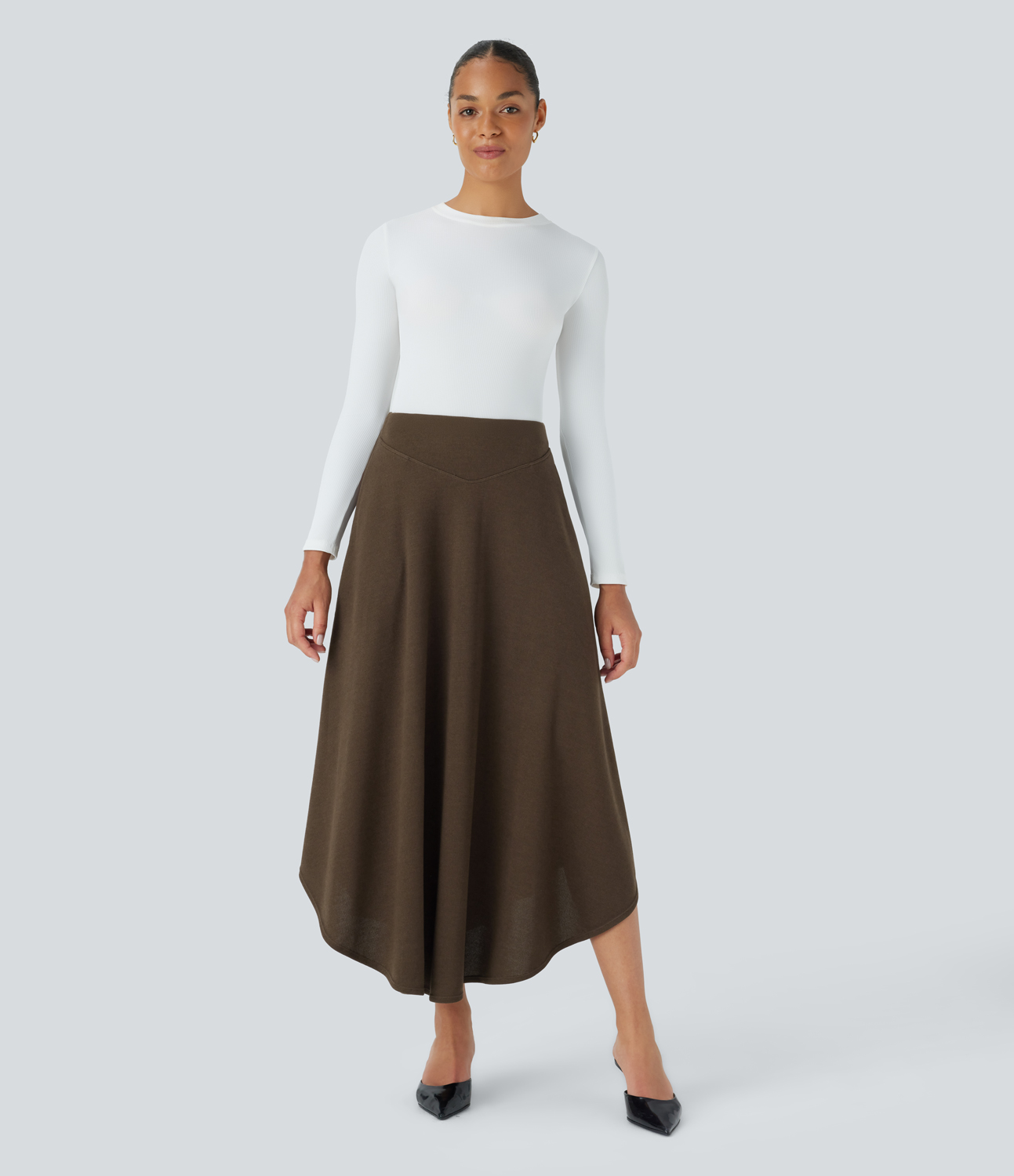 Halara High Waisted Side Pocket Curved Hem Flare Midi Work Skirt  - Camphor Wood Brown - M(regular) 