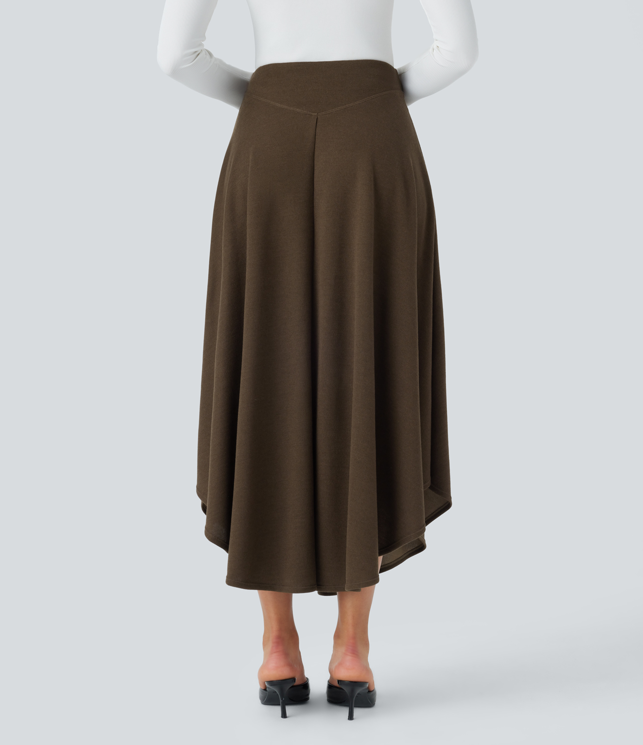 Halara High Waisted Side Pocket Curved Hem Flare Midi Work Skirt  - Camphor Wood Brown - M(regular) 