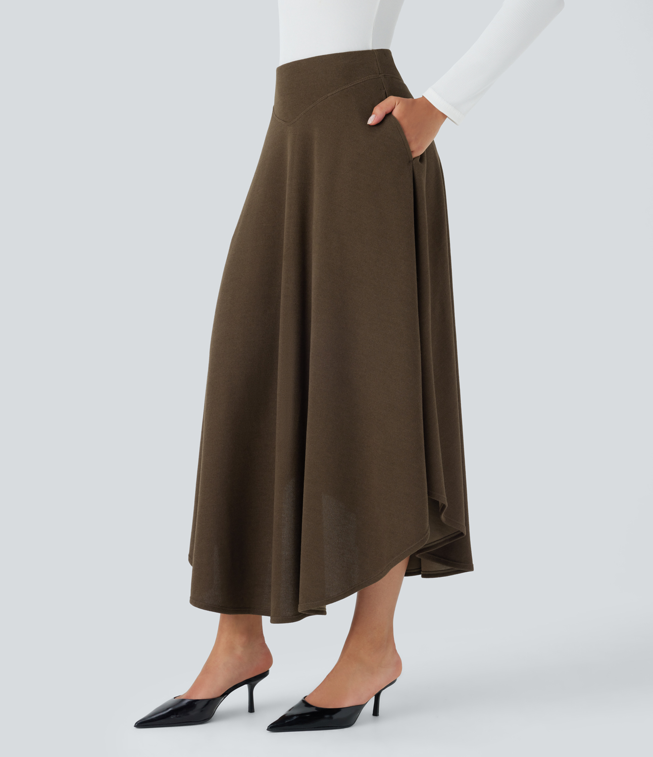 Halara High Waisted Side Pocket Curved Hem Flare Midi Work Skirt  - Camphor Wood Brown - M(regular) 