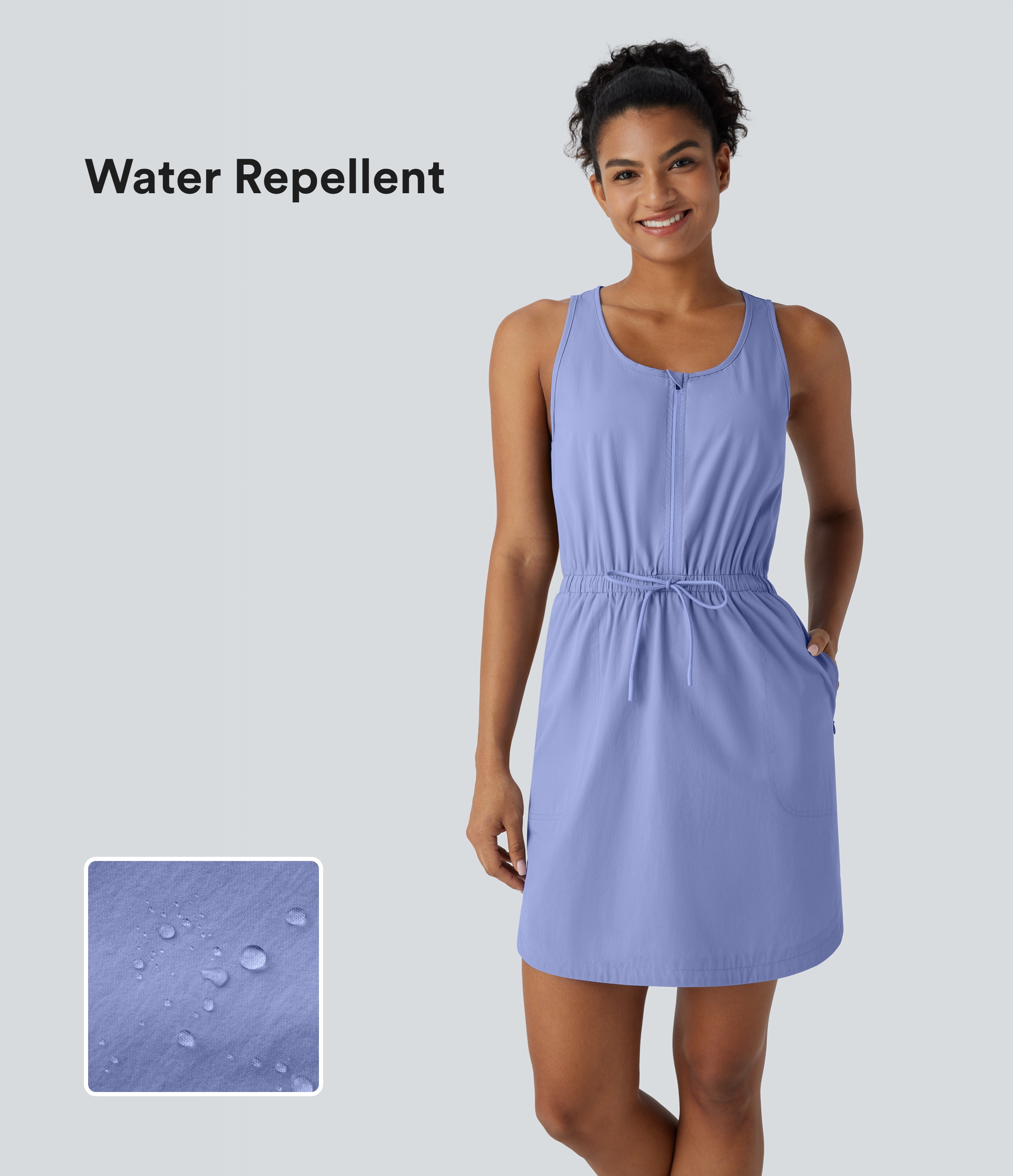 Water Repellent Wear-Resistant U Neck Sleeveless Half Zip Drawstring Pocket Curved Hem Mini Hiking Active Dress