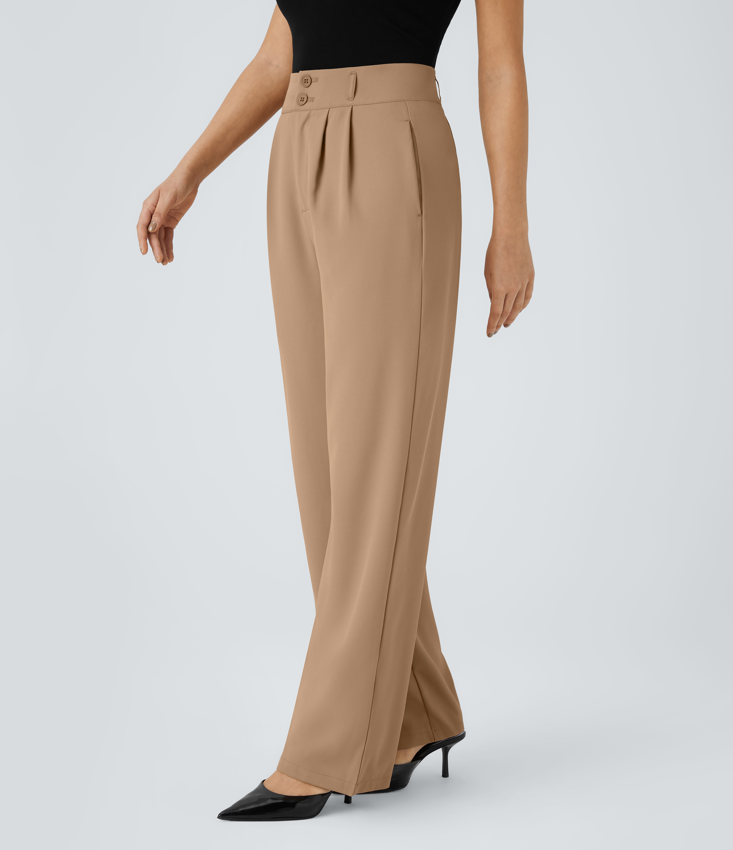 Halara High Waisted Button Zipper Side Pocket Shirred Straight Leg Work Pants  - Cartouche - M(tall) sweatpants jogger pants 