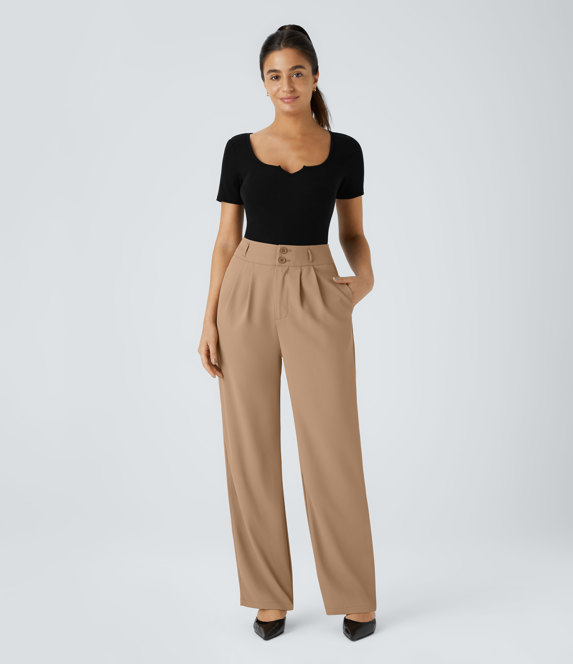Halara High Waisted Button Zipper Side Pocket Shirred Straight Leg Work Pants  - Cartouche - M(tall) sweatpants jogger pants 
