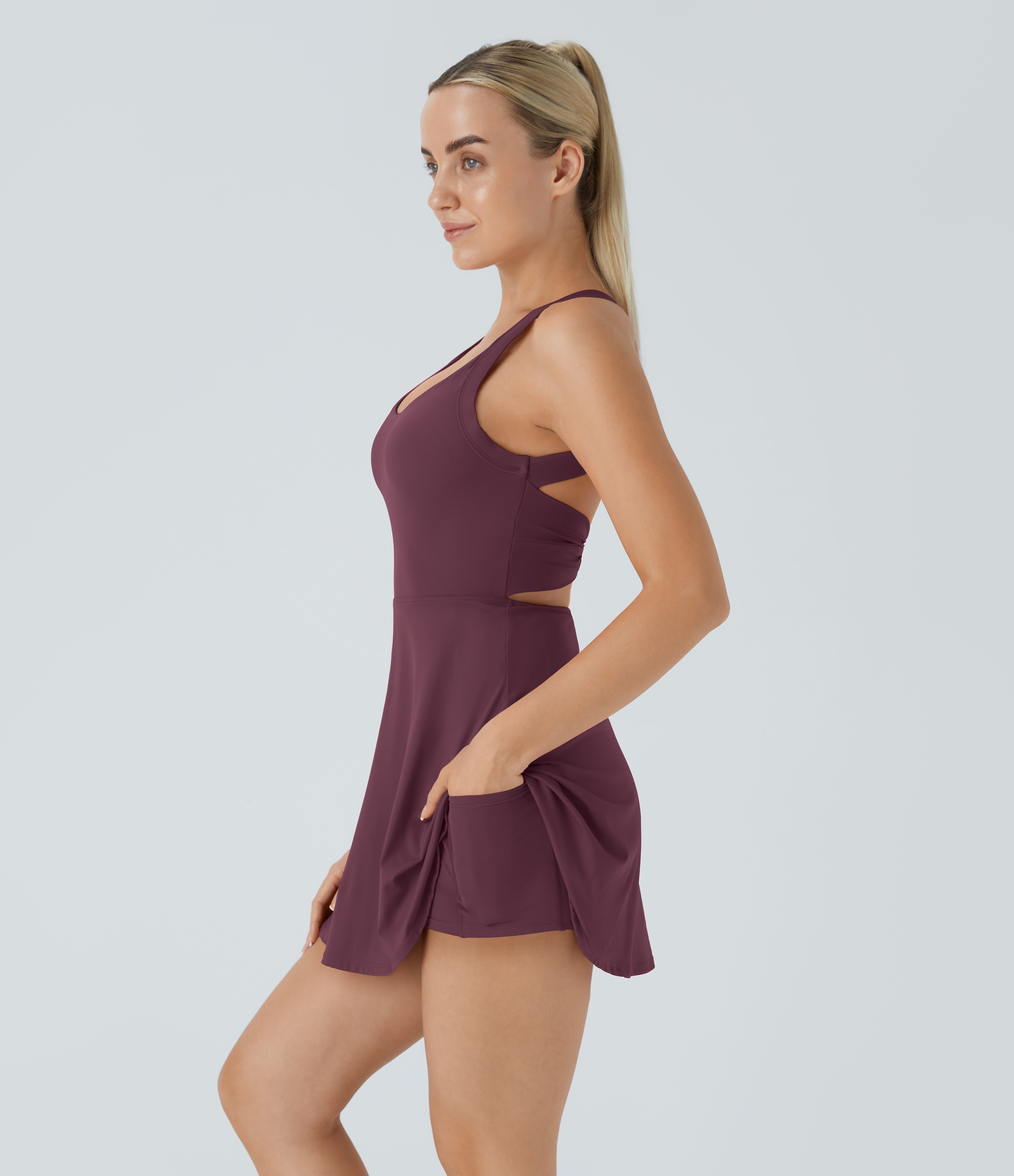 Halara Backless Cut Out Twisted Side Pocket 2-in-1 Barre Ballet Dance Dress Workout Dress - Fig - XL 