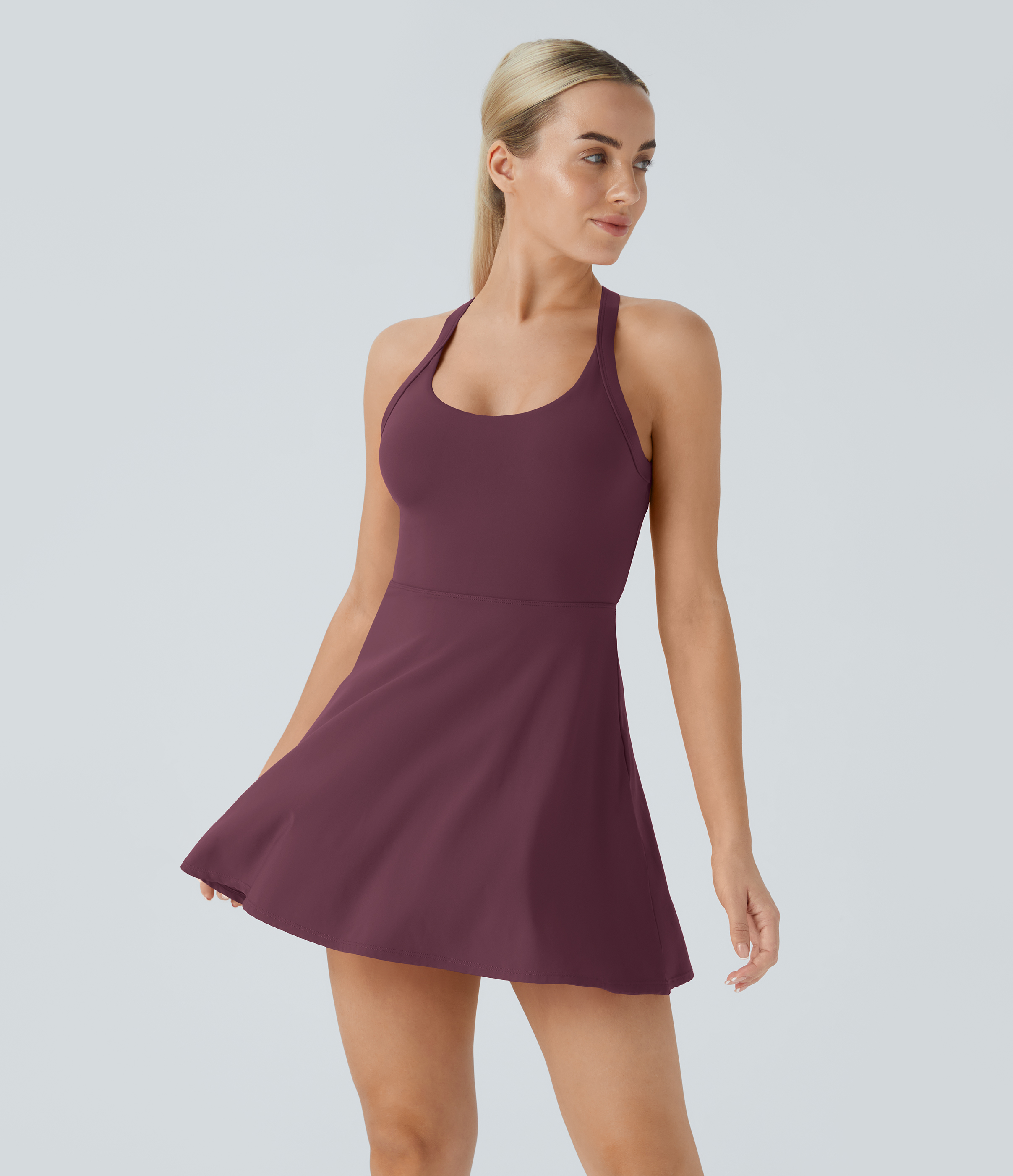 Halara Backless Cut Out Twisted Side Pocket 2-in-1 Barre Ballet Dance Dress Workout Dress - Fig - XL 