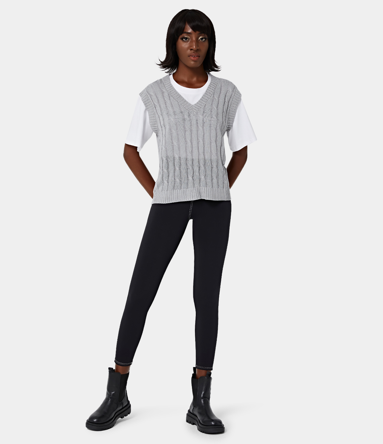 Women's V Neck Plain Knit Tank Top HALARA