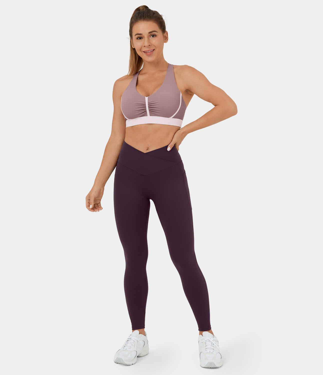 Halara Softlyzeroв„ў Plush Low Support Backless Ruched Color Block Yoga Sports Bra  - Ash Rose - XL push up bra strapless bra backless bra 