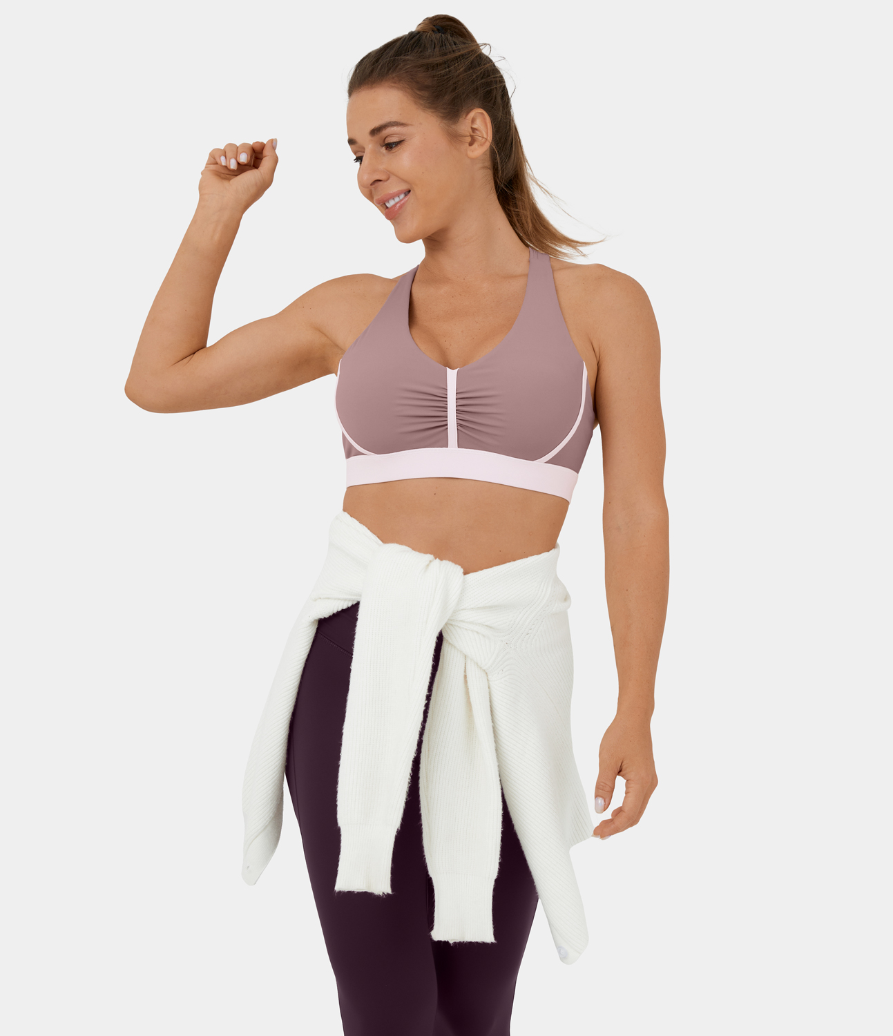 Halara Softlyzeroв„ў Plush Low Support Backless Ruched Color Block Yoga Sports Bra  - Ash Rose - XL push up bra strapless bra backless bra 