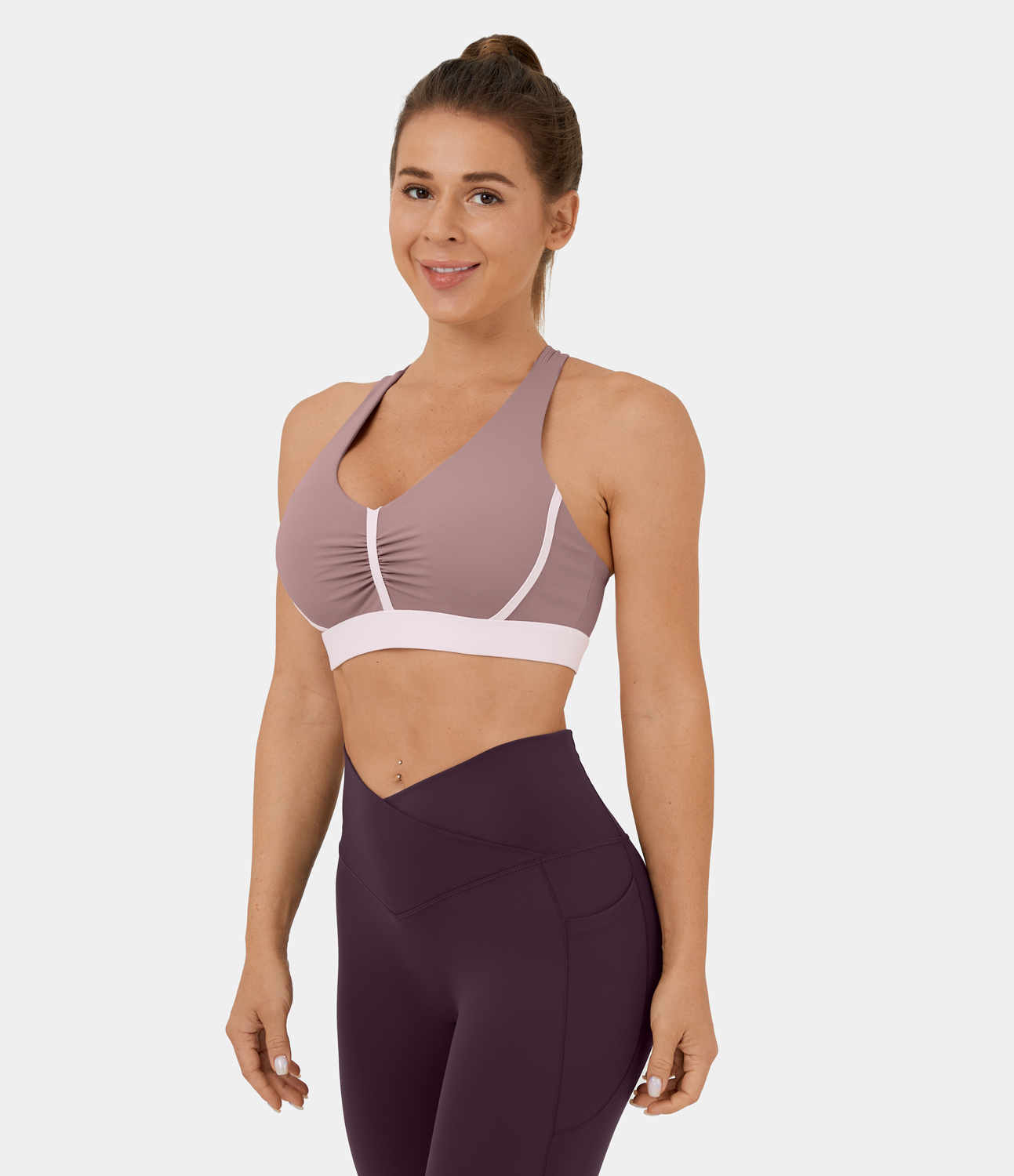 Halara Softlyzeroв„ў Plush Low Support Backless Ruched Color Block Yoga Sports Bra  - Ash Rose - XL push up bra strapless bra backless bra 