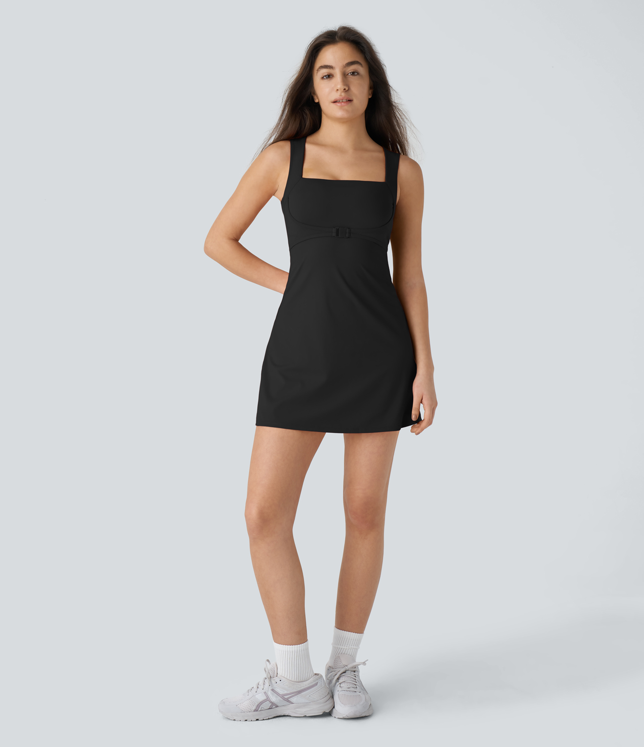 Halara Square Neck Sleeveless 2-Piece Side Pocket Quick Dry Mini Tennis Active Dress Workout Dress - Black - XL 