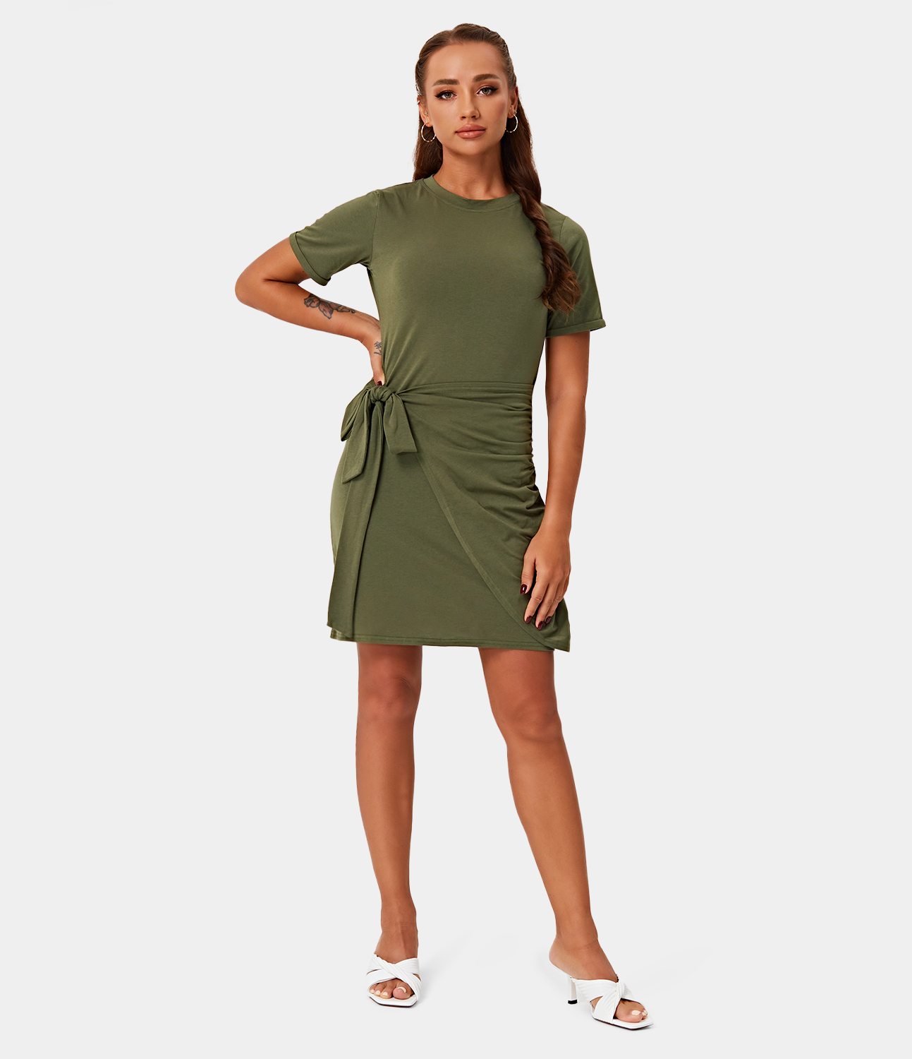 Halara Everyday Tie Knot Ruched Mini Chill Dress-Belle Casual Dress - Capulet Olive - XL slip dress beach dress ruched dress halter dress 