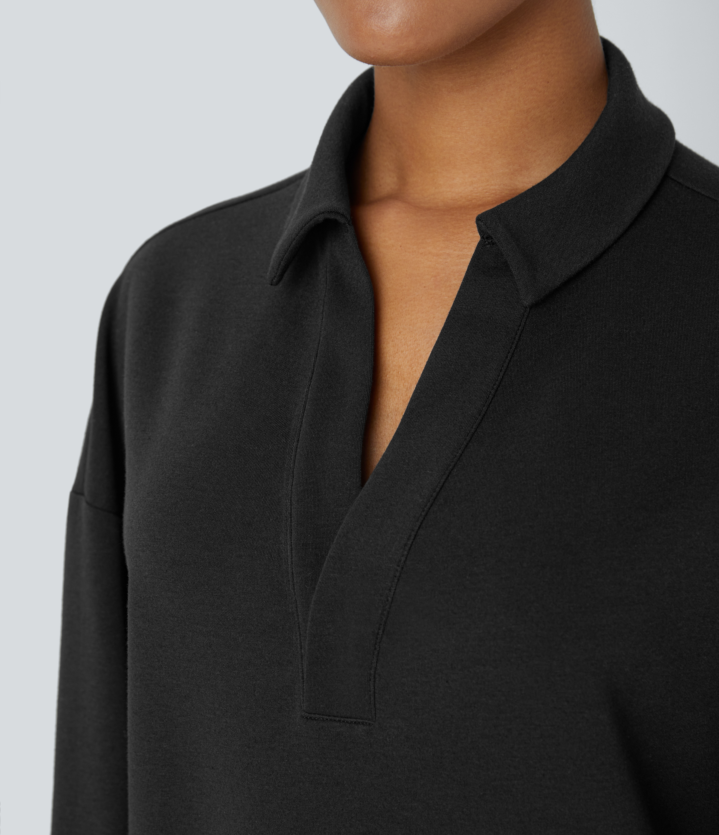 Halara Polo V Neck Button Dropped Shoulder Long Sleeve Split Relaxed Casual Sweatshirt  - Black - XL 