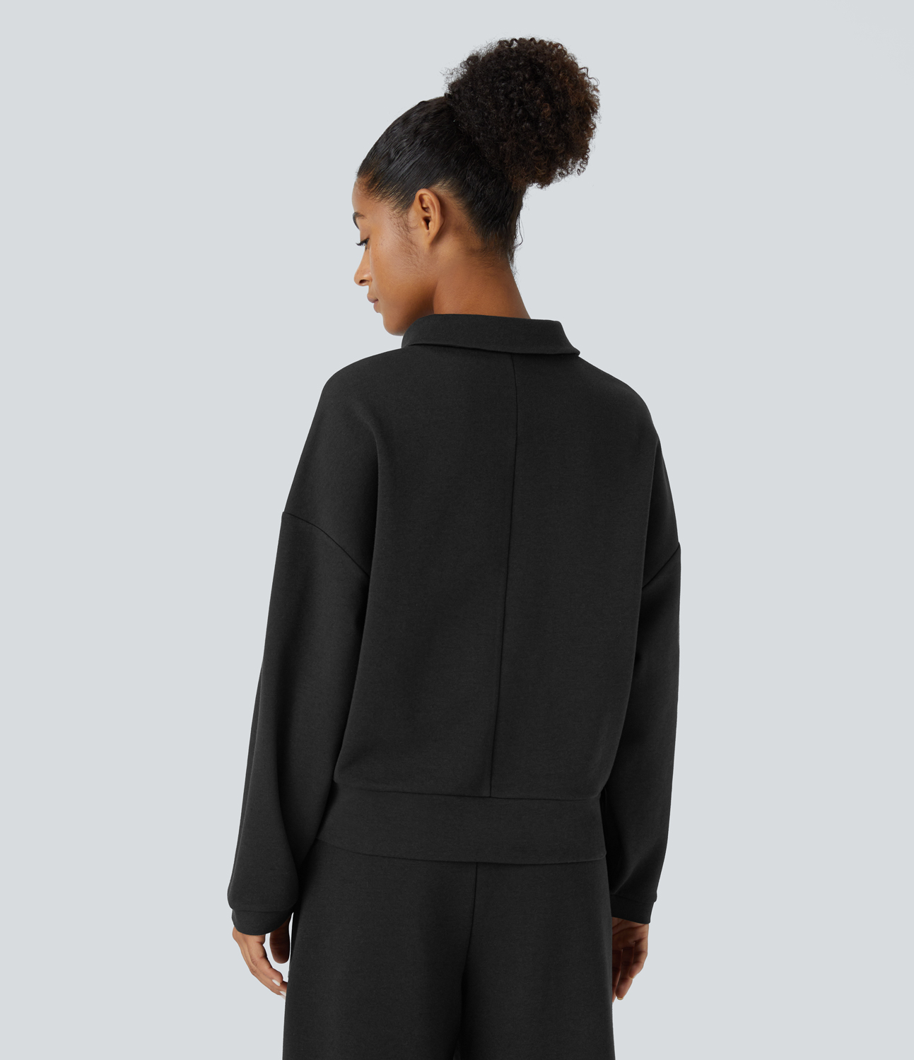 Halara Polo V Neck Button Dropped Shoulder Long Sleeve Split Relaxed Casual Sweatshirt  - Black - XL 