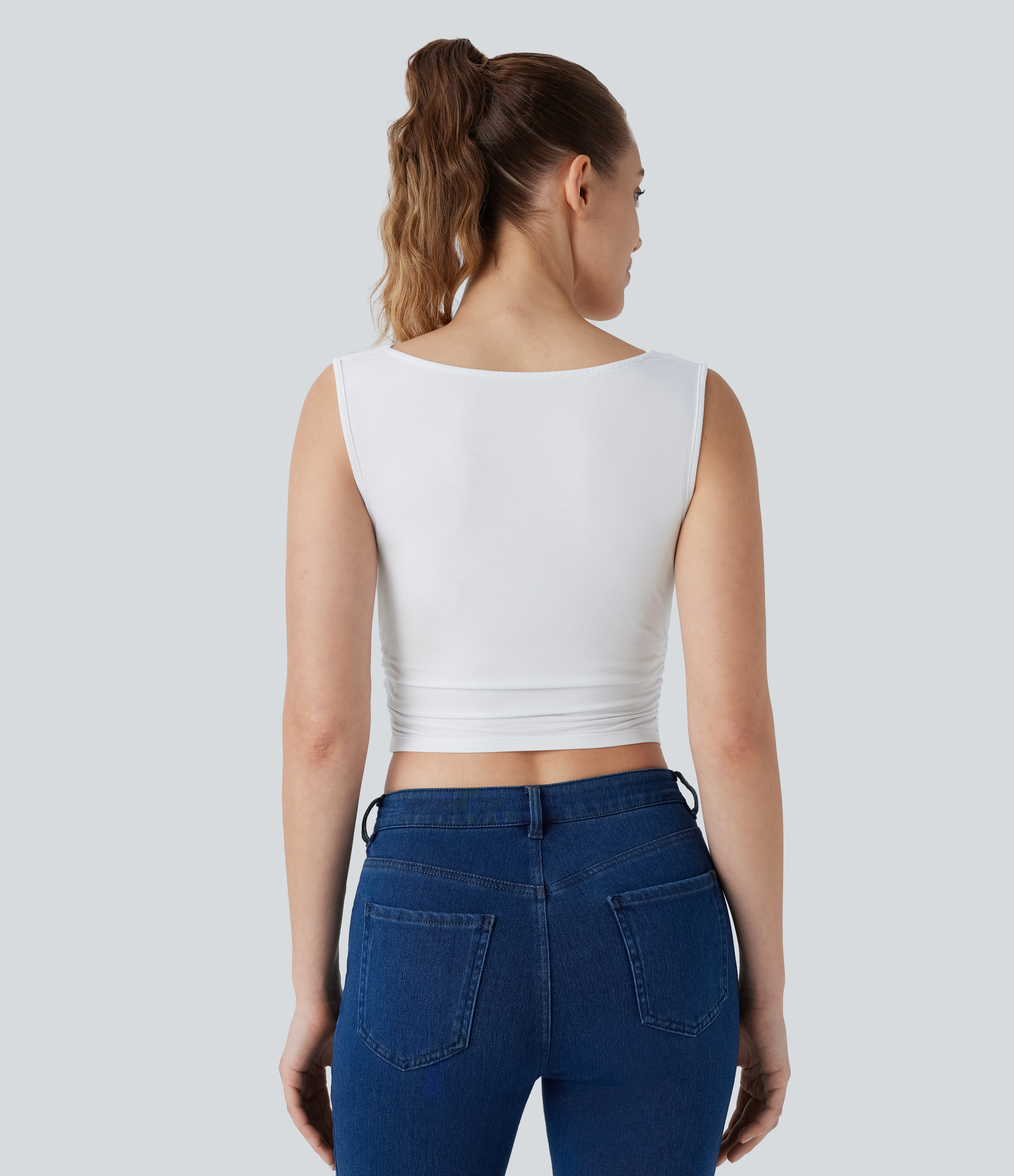 Halara Cowl Neck Sleeveless Ruched Cropped Casual Top Tank Top - White - S golf tops halter top tunic tops sleeveless tops backless top 