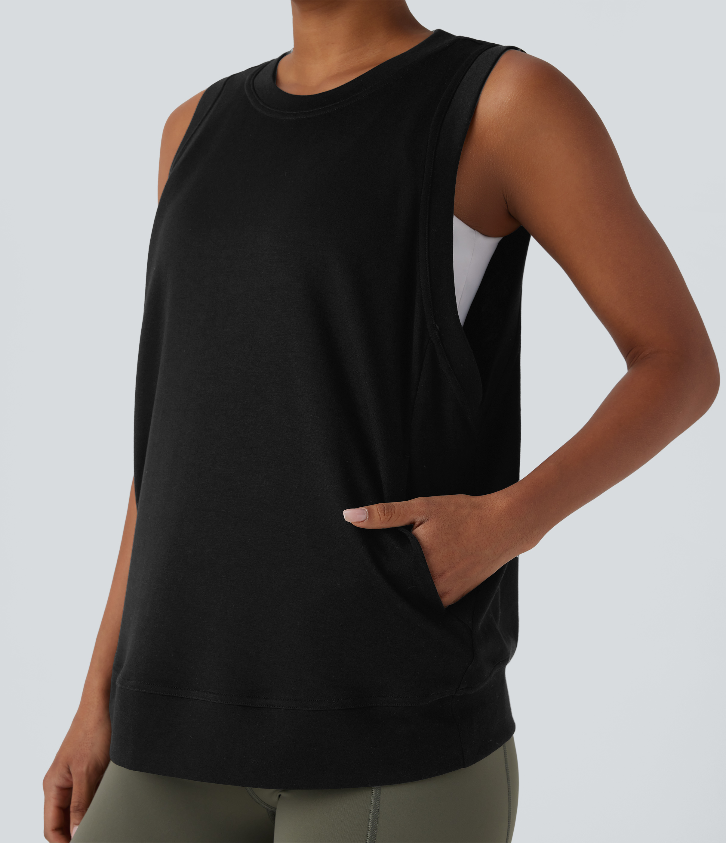 Halara Round Neck Side Pocket Casual Tank Top Tank Top - Black - S golf tops halter top tunic tops sleeveless tops backless top 