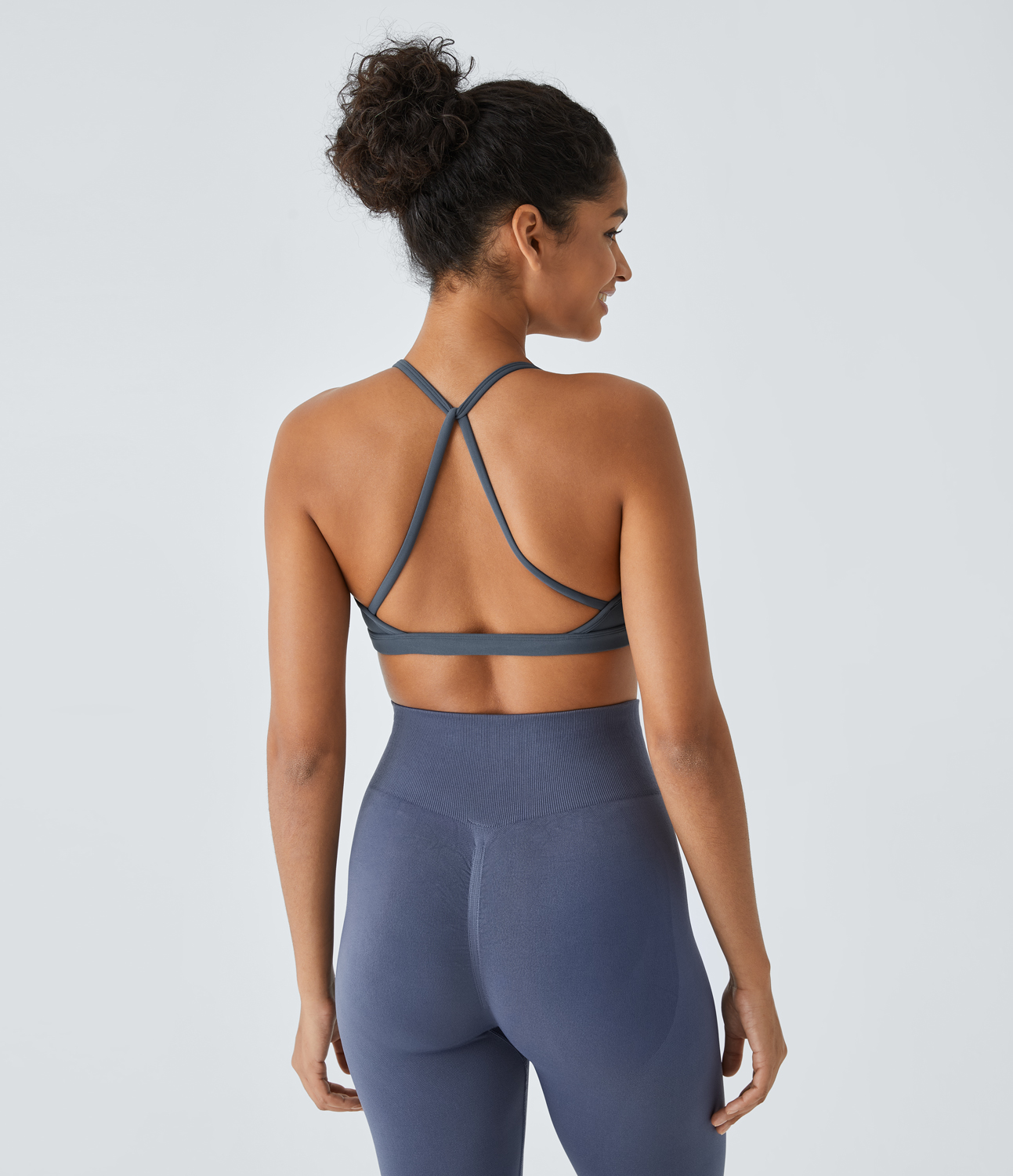 Halara Low Support Backless Ruched Yoga Sports Bra  - Flint Stone - S push up bra strapless bra backless bra sticky bra wireless bra 