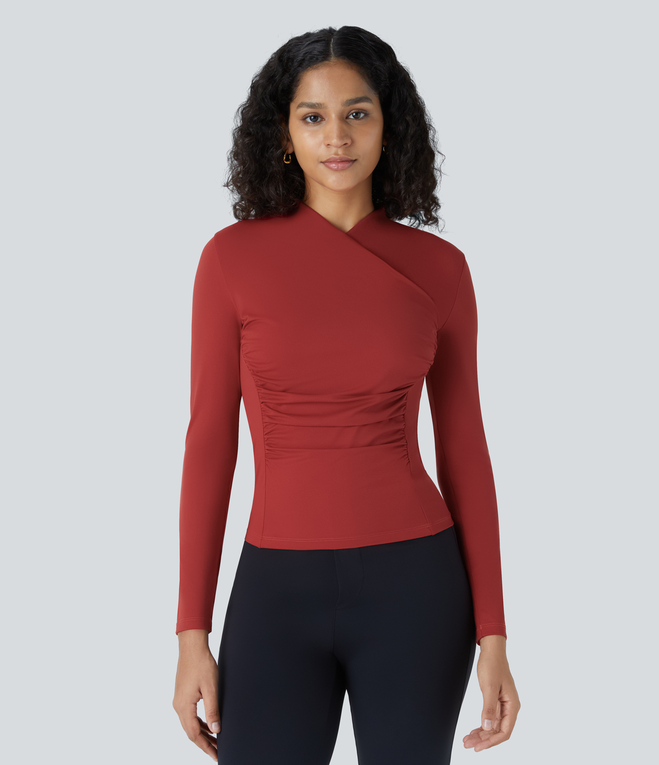 Halara Crossover V Neck Long Sleeve Ruched Slim Work Top Tank Top - Emboldened - L golf tops halter top tunic tops sleeveless tops 
