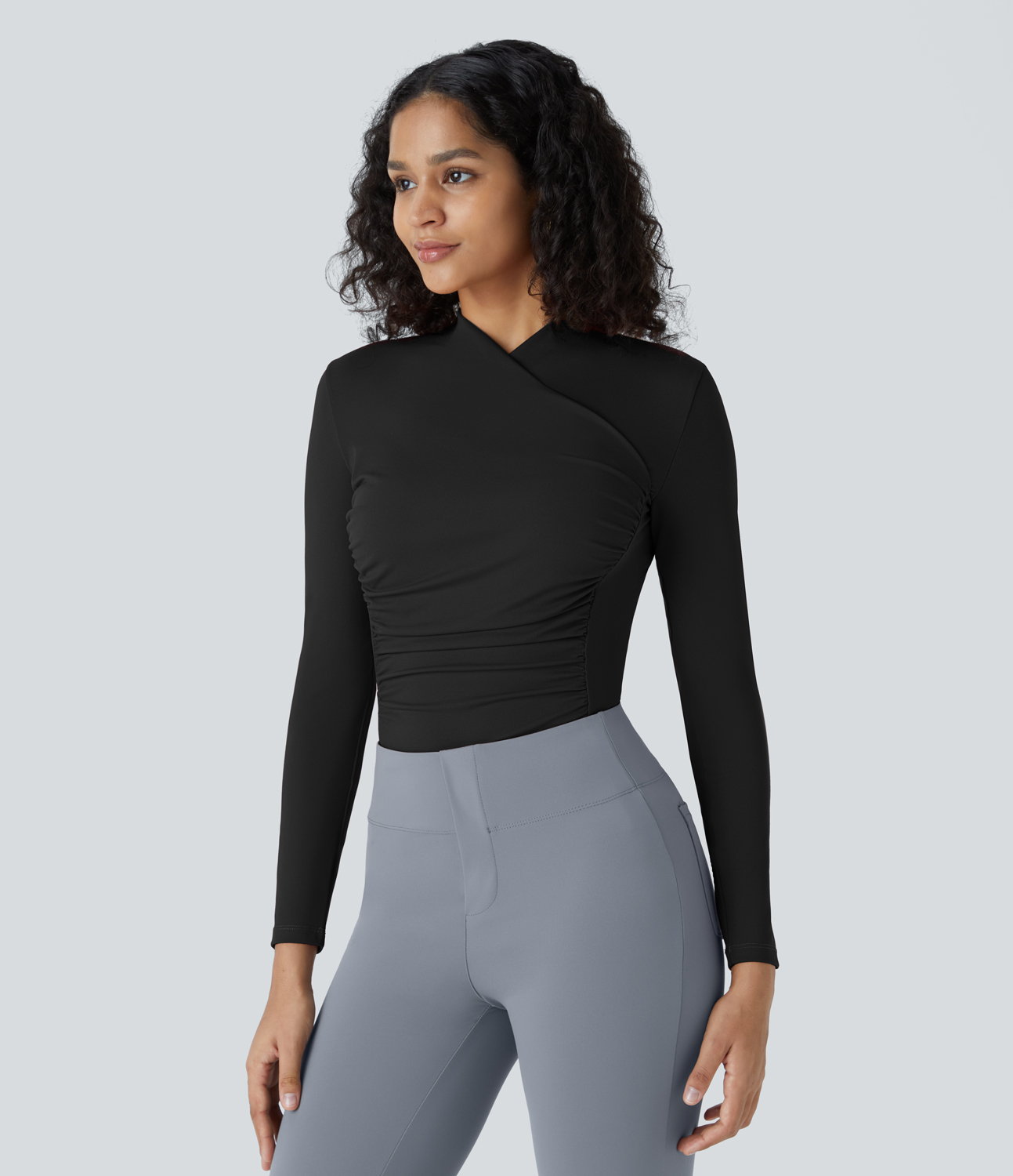 Halara Crossover V Neck Long Sleeve Ruched Slim Work Top Tank Top - Black - L golf tops halter top tunic tops sleeveless tops backless top 
