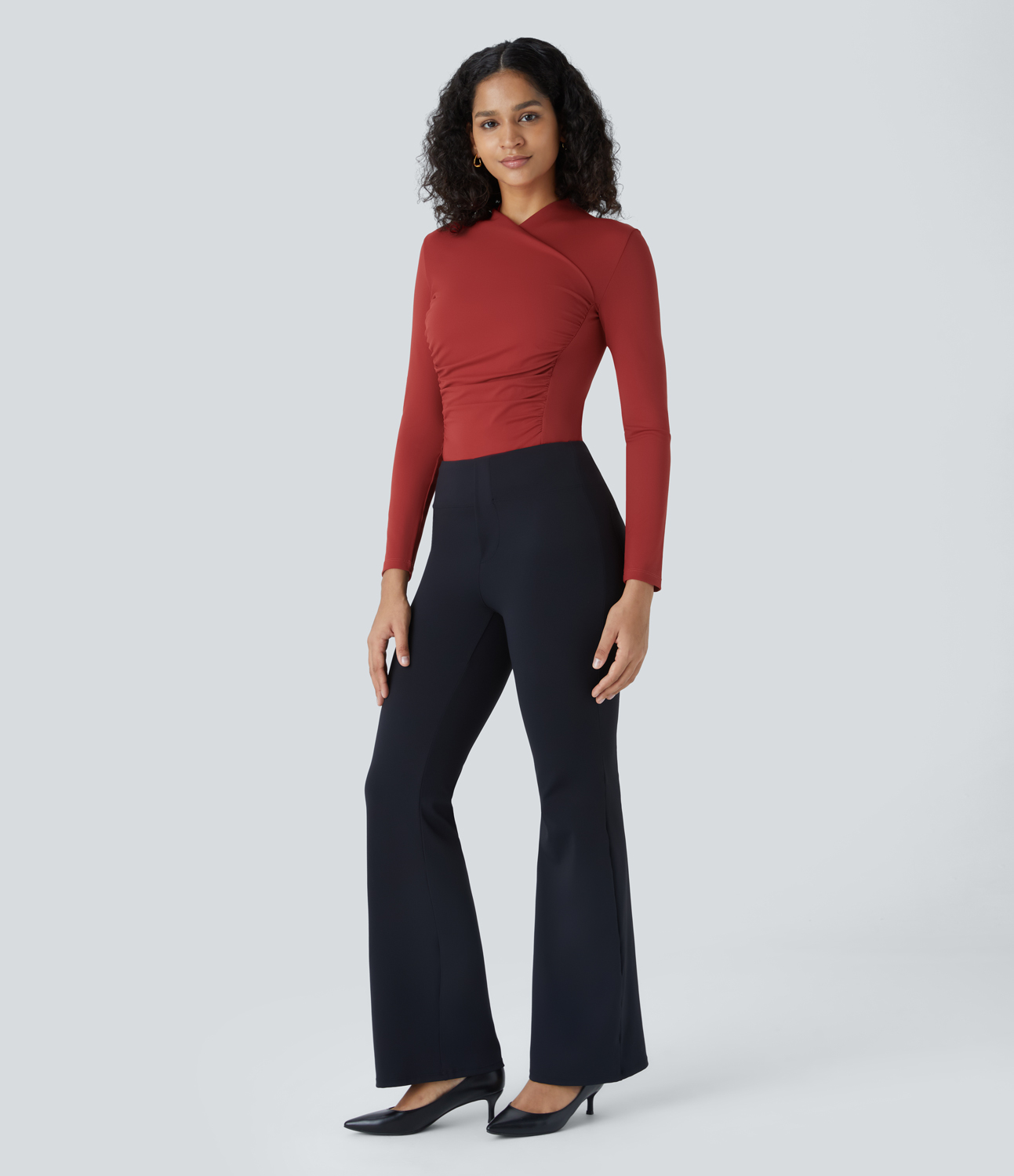 Halara Crossover V Neck Long Sleeve Ruched Slim Work Top Tank Top - Emboldened - L golf tops halter top tunic tops sleeveless tops 