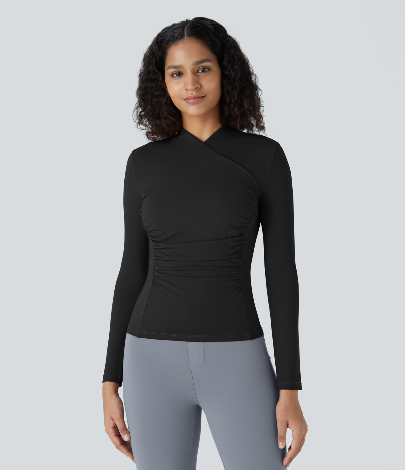 Halara Crossover V Neck Long Sleeve Ruched Slim Work Top Tank Top - Black - L golf tops halter top tunic tops sleeveless tops backless top 