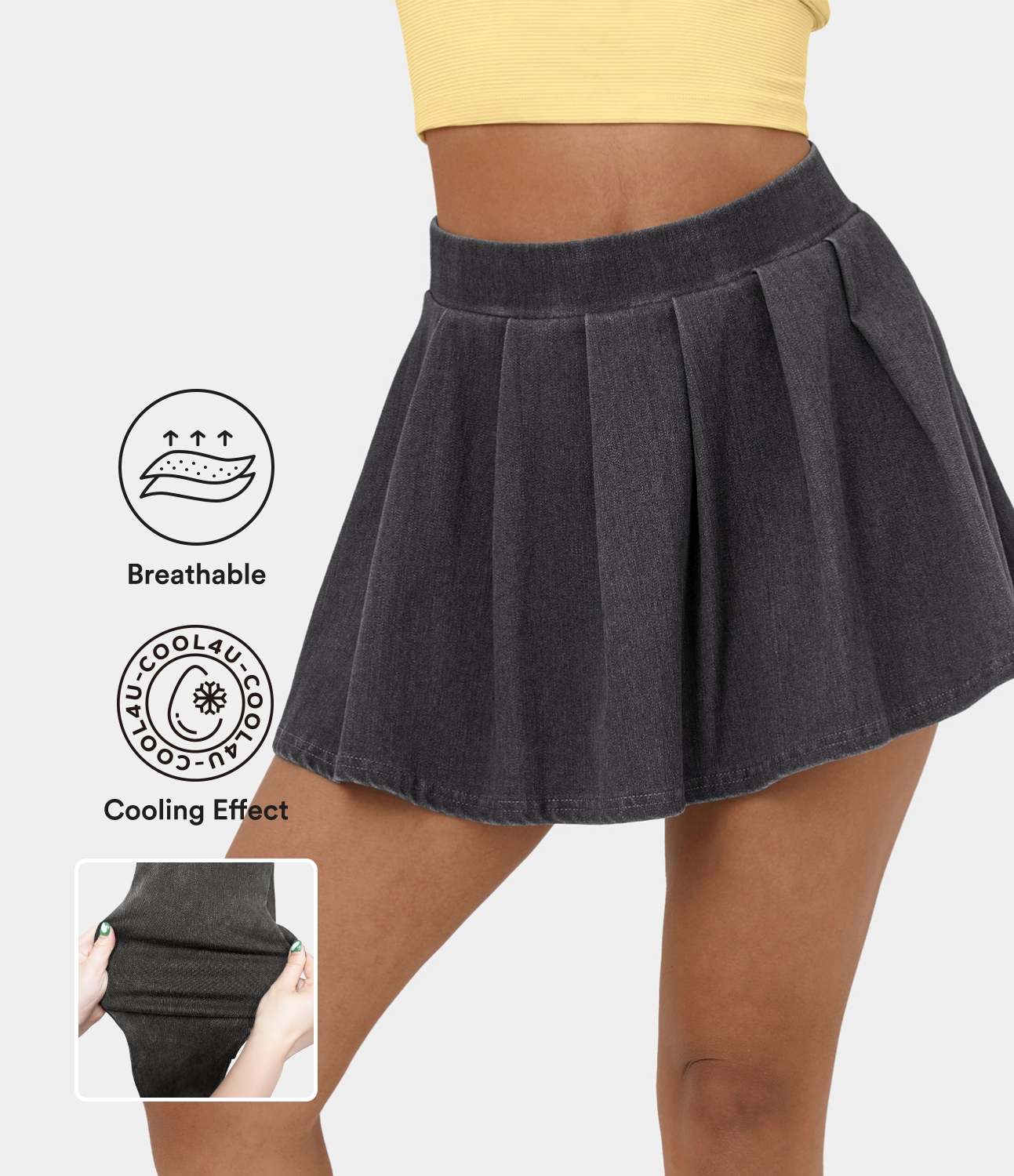 

Halara HalaraMagicв„ў High Waist Pleated Cool Touch Breathable Washed Stretchy Knit Denim Mini Casual Skirt - Washed Denim Black