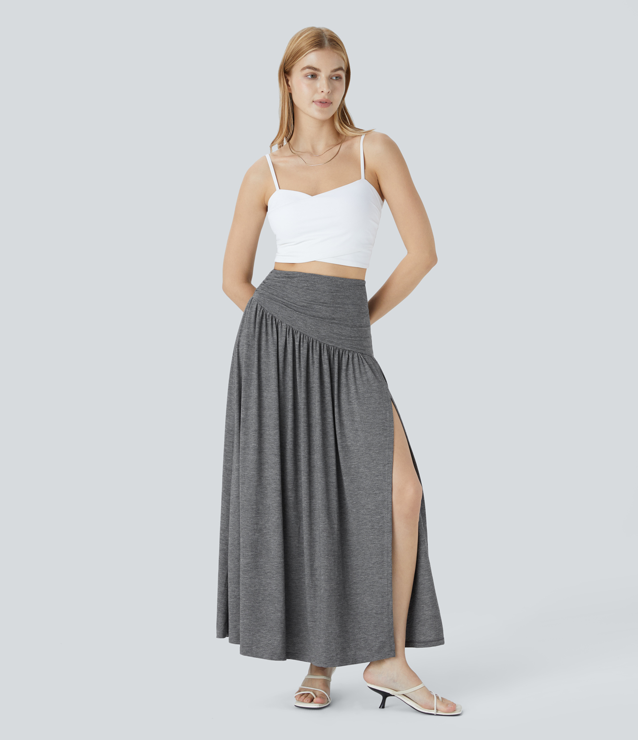 Halara Super High Waisted Ruched Split Maxi Resort Skirt  - Darl Gray Floral Yarn - S(regular) 