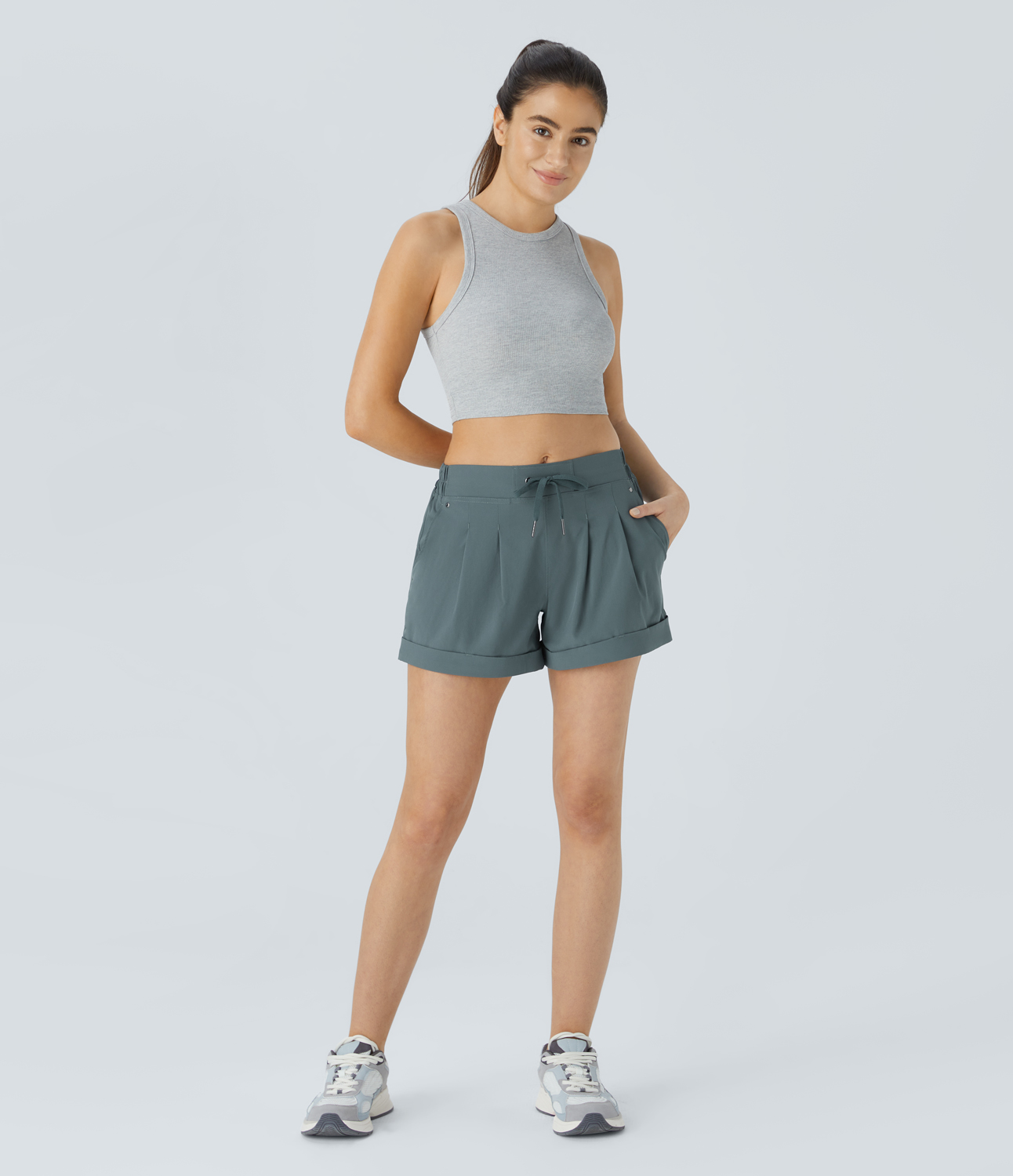 Halara Mid Rise Drawstring Plicated Multiple Pockets Casual Shorts  - Goblin Blue - XS 