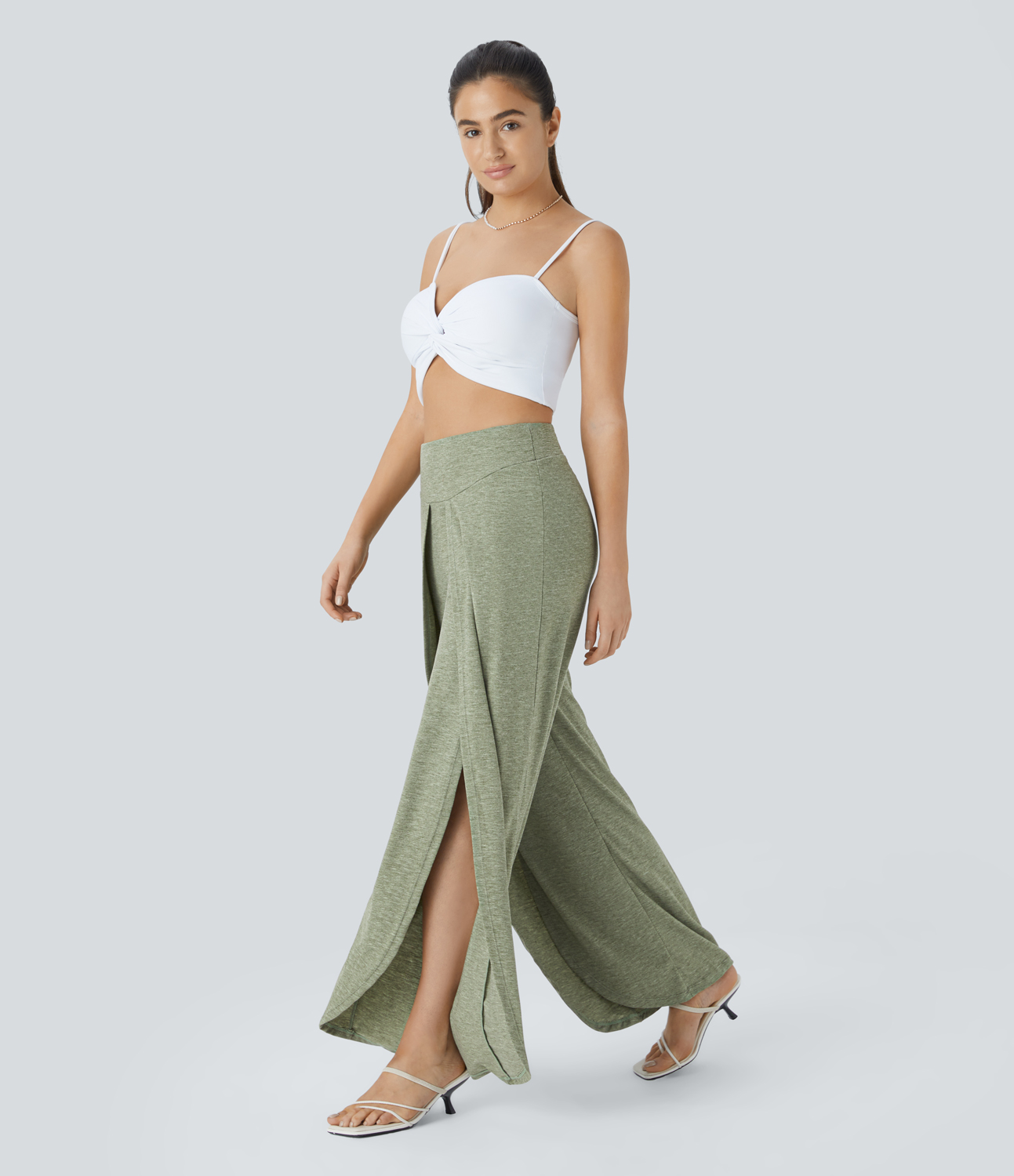 Halara High Waisted Split Wide Leg Flowy Resort Pants  - Light Green Floral Yarn - S(regular) sweatpants jogger pants stacked sweatpants 