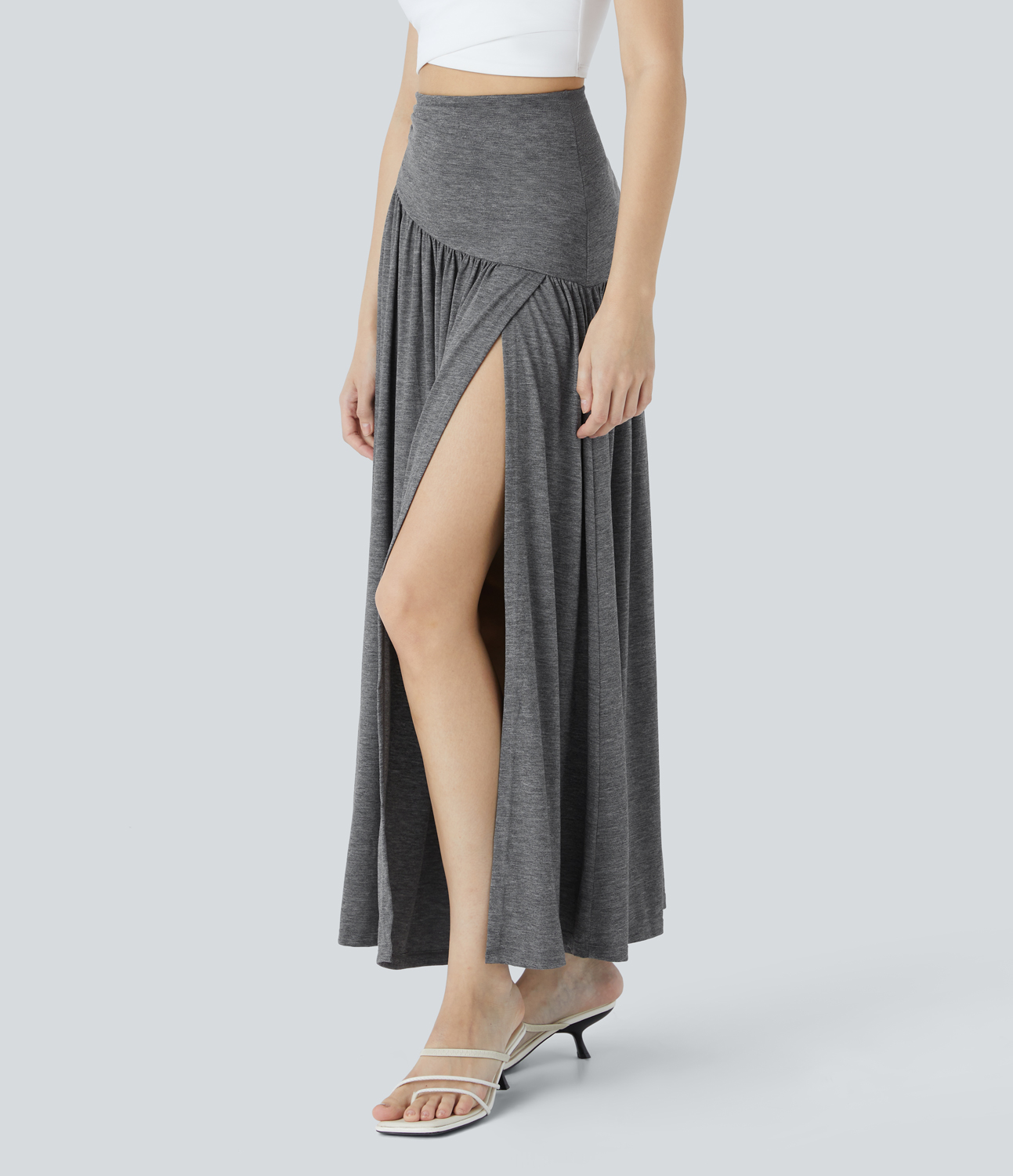 Halara Super High Waisted Ruched Split Maxi Resort Skirt  - Darl Gray Floral Yarn - S(regular) 