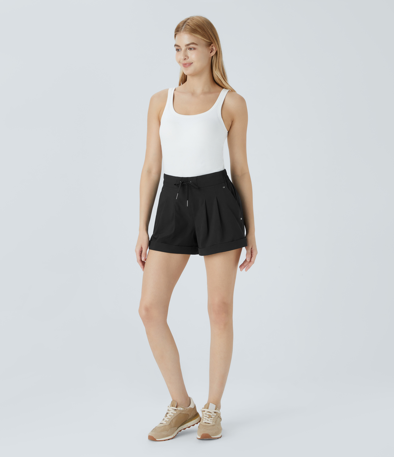 Halara Mid Rise Drawstring Plicated Multiple Pockets Casual Shorts  - Black - XL 