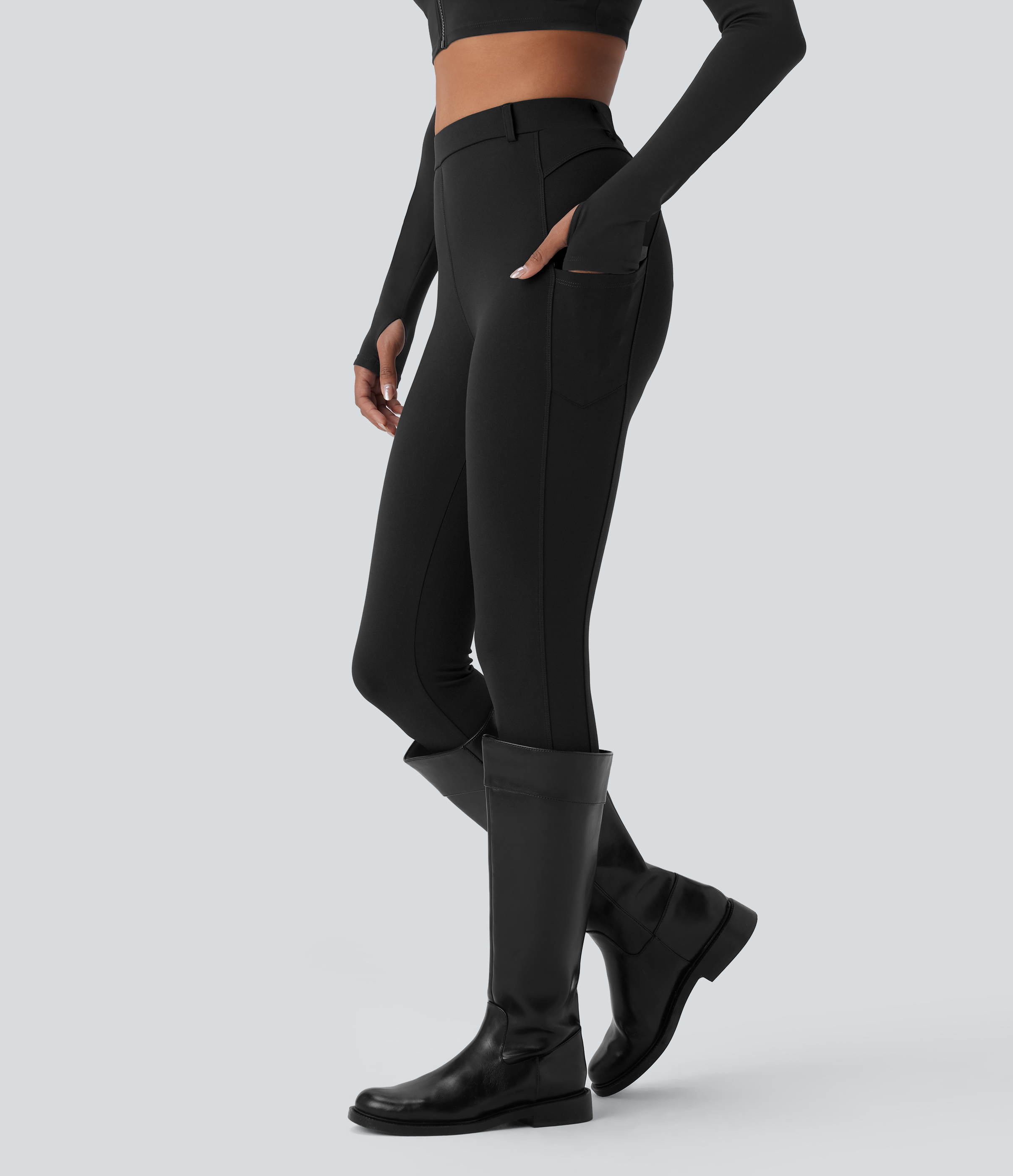 Halara HaloTek Airв„ў High Waisted Side Pocket Lacquer Line Equestrian Horse Riding Leggings  - Black - XL(7/8) gym leggings 