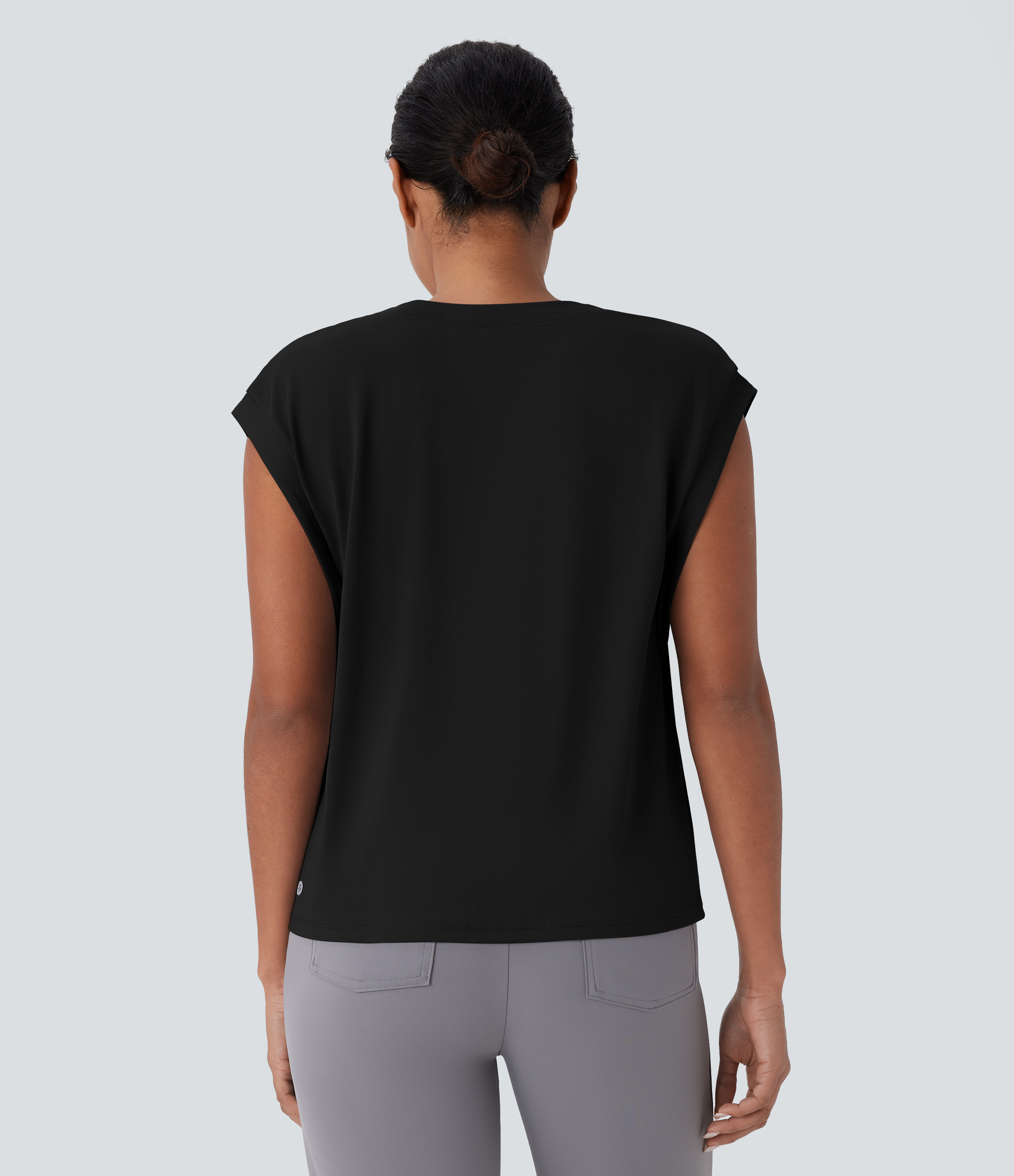 Halara V Neck Cap Sleeve Work Top Tank Top - Black - M golf tops halter top tunic tops sleeveless tops backless top 