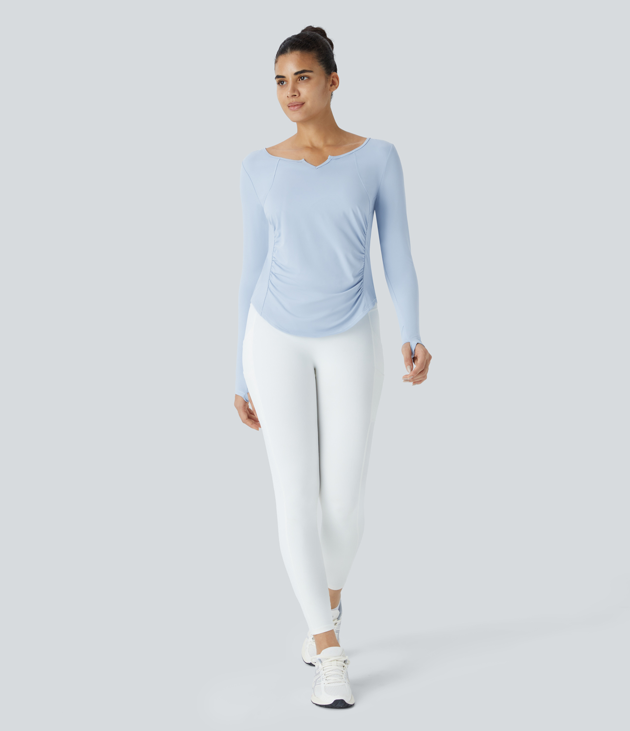 Halara Notched Thumb Hole Ruched Curved Hem Yoga Sports Top  - Cool Ice Blue - L 