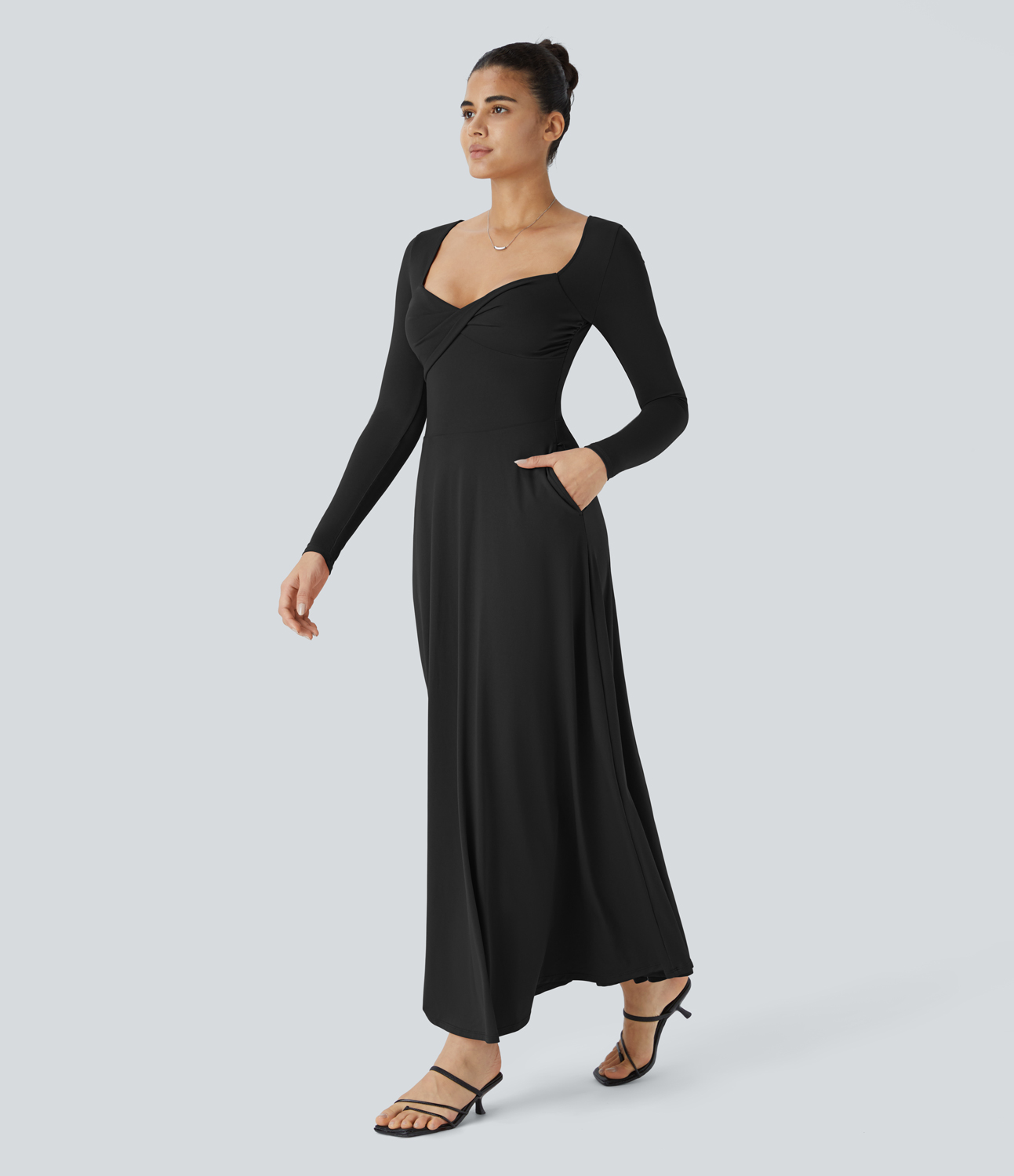 Halara Sweetheart Neck Long Sleeve Twisted Side Pocket Flare Flowy Maxi Resort Dress Casual Dress - Black - L slip dress beach dress 