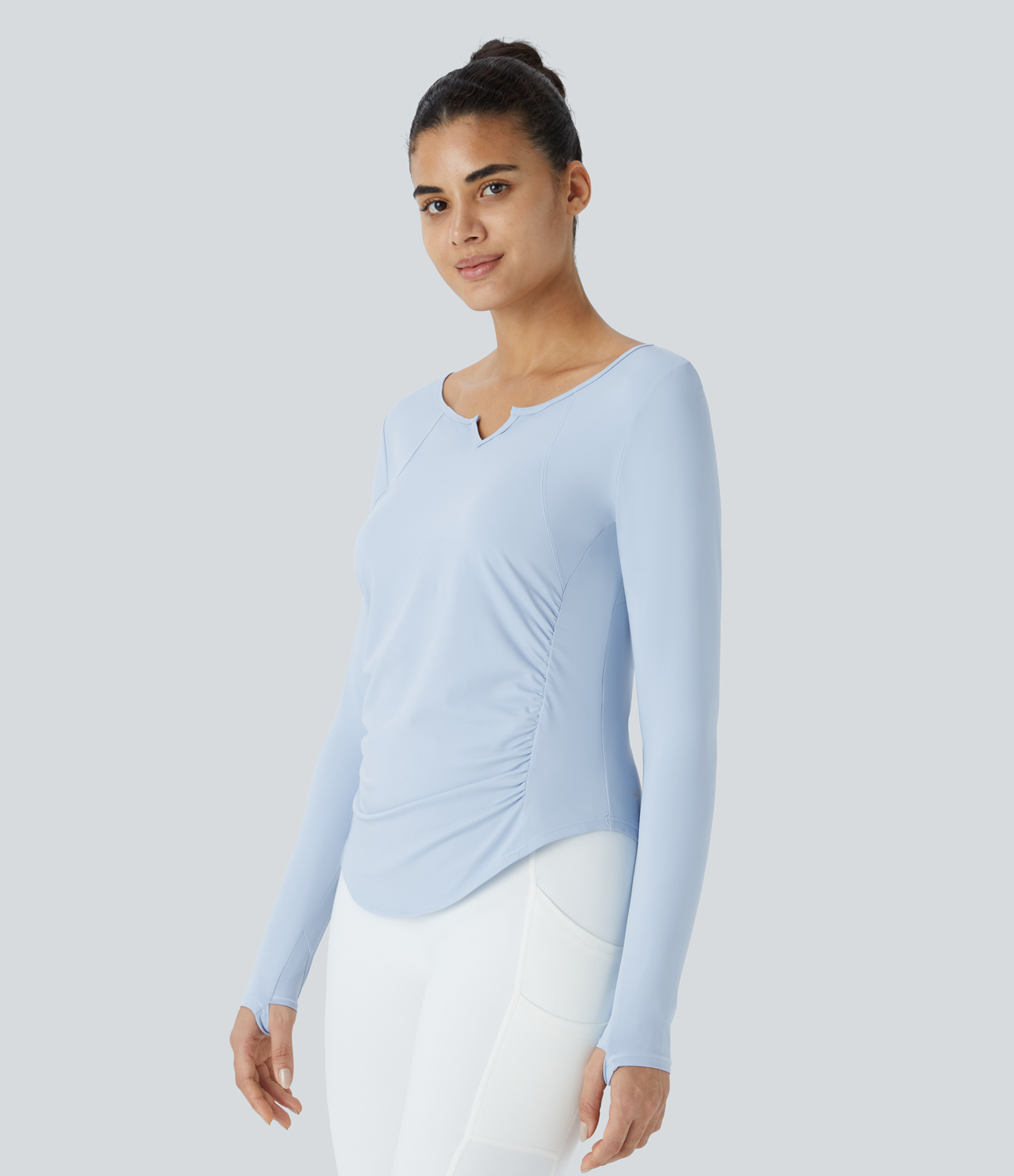 Halara Notched Thumb Hole Ruched Curved Hem Yoga Sports Top  - Cool Ice Blue - L 
