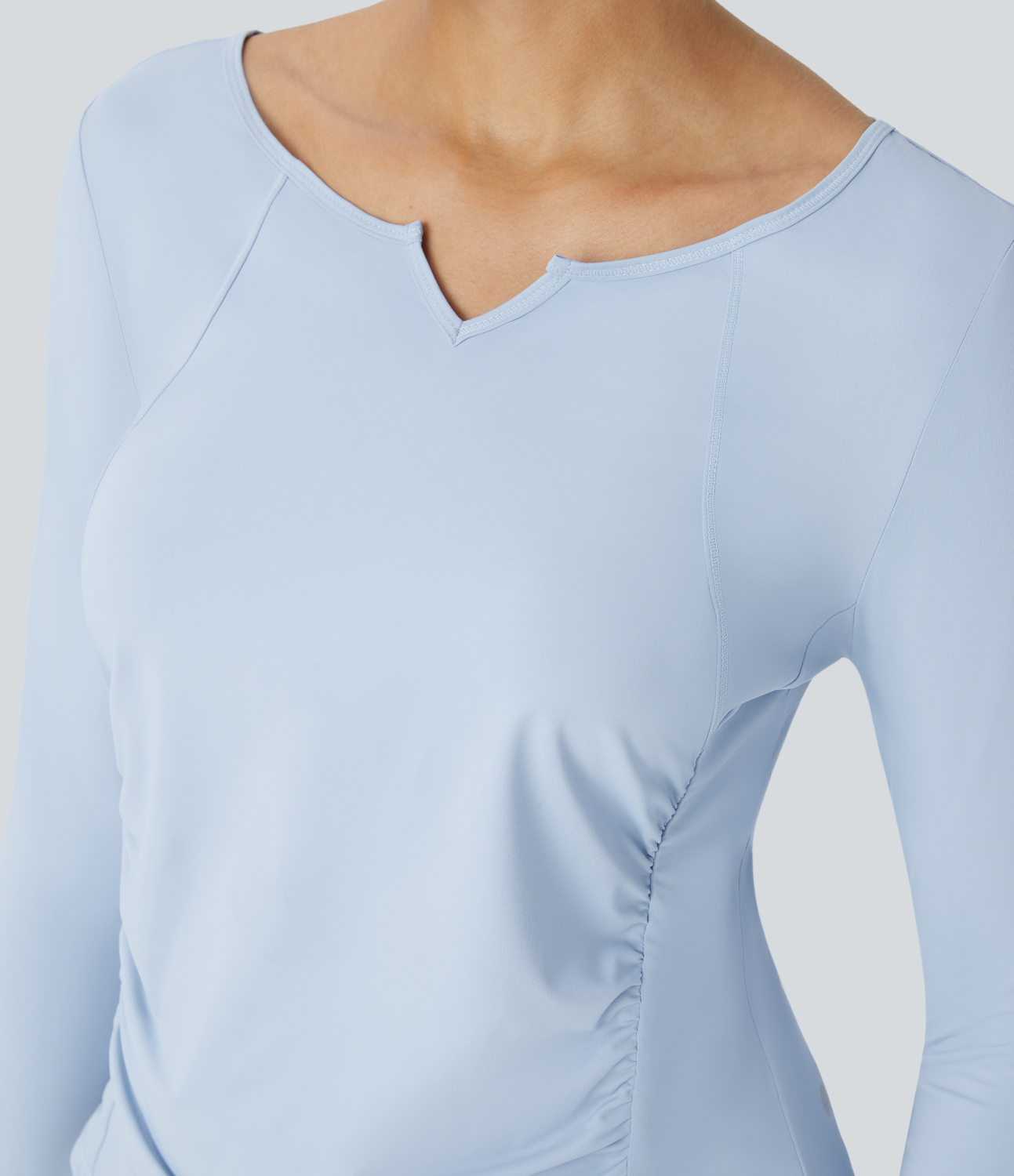 Halara Notched Thumb Hole Ruched Curved Hem Yoga Sports Top  - Cool Ice Blue - L 