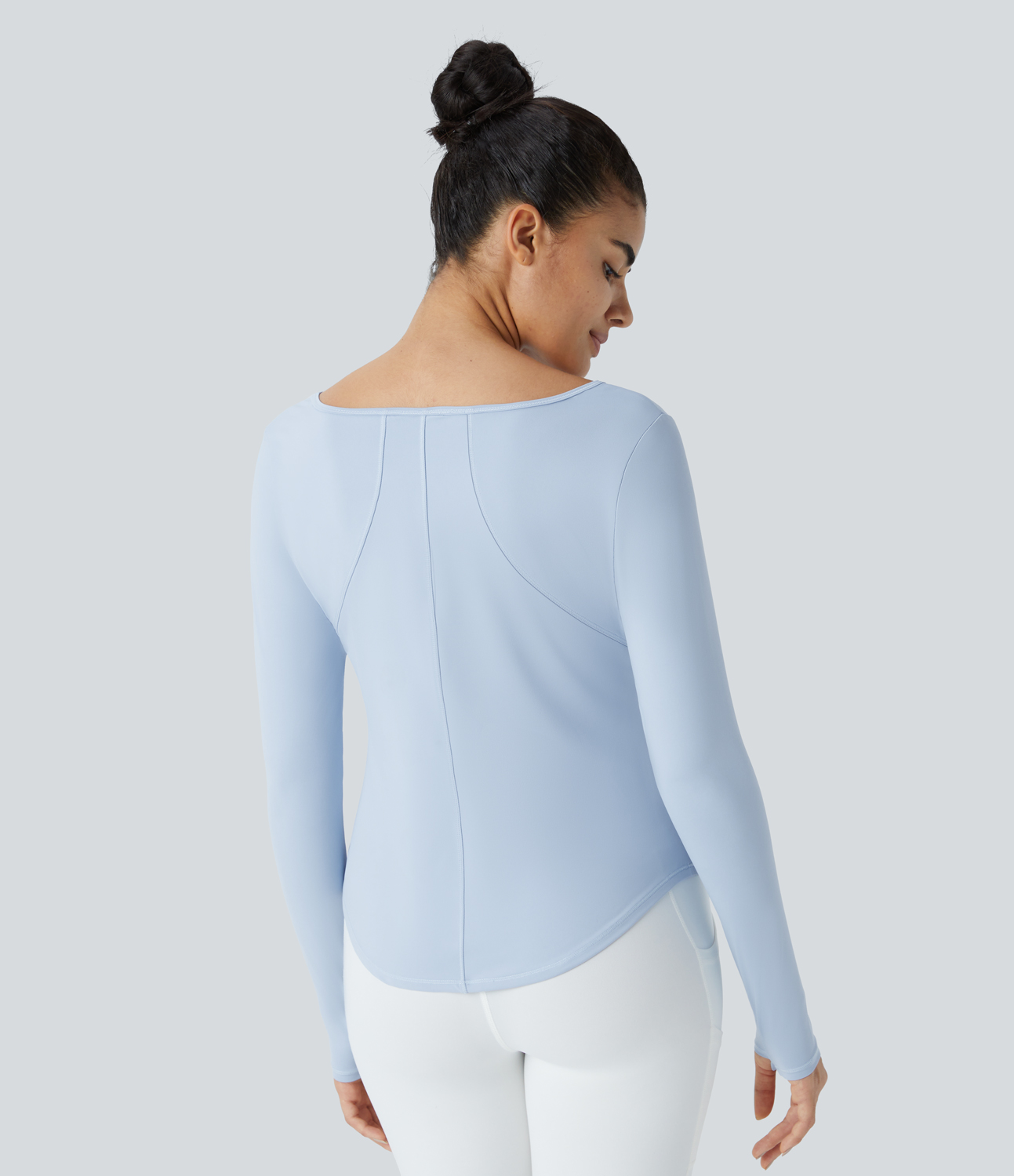 Halara Notched Thumb Hole Ruched Curved Hem Yoga Sports Top  - Cool Ice Blue - L 